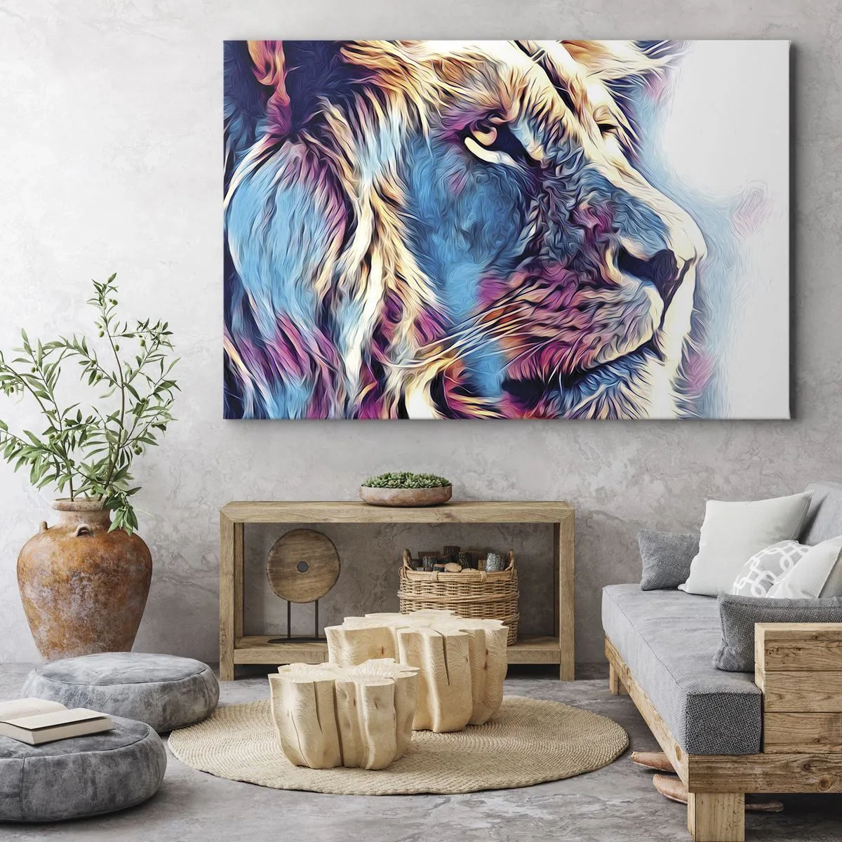Obraz na plátne - Portrét leva v živých, abstraktných farbách - 70x50cm - Múdrosť prírody - Moderná nástenná dekorácia do obývacej izby a spálne ARTTOR