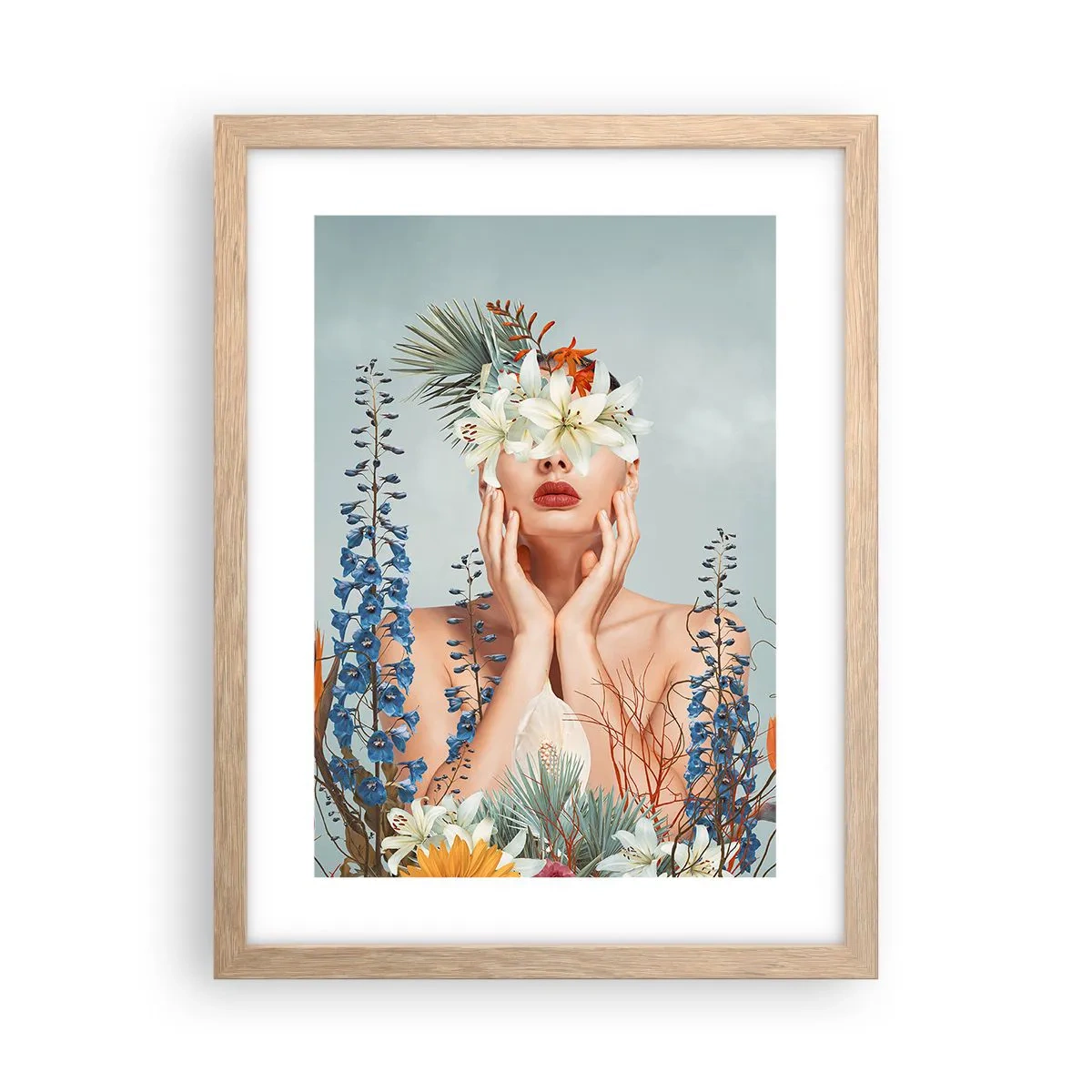 Plagát v ráme zo svetlého duba - Žena – kvetina - 30x40 cm