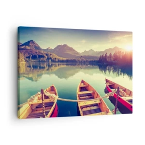 Obraz na plátne - Lode na pokojnom jazere obklopenom horami pri západe slnka - 70x50cm - Žiť podľa jej zákonov - Moderná nástenná dekorácia do obývacej izby a spálne ARTTOR