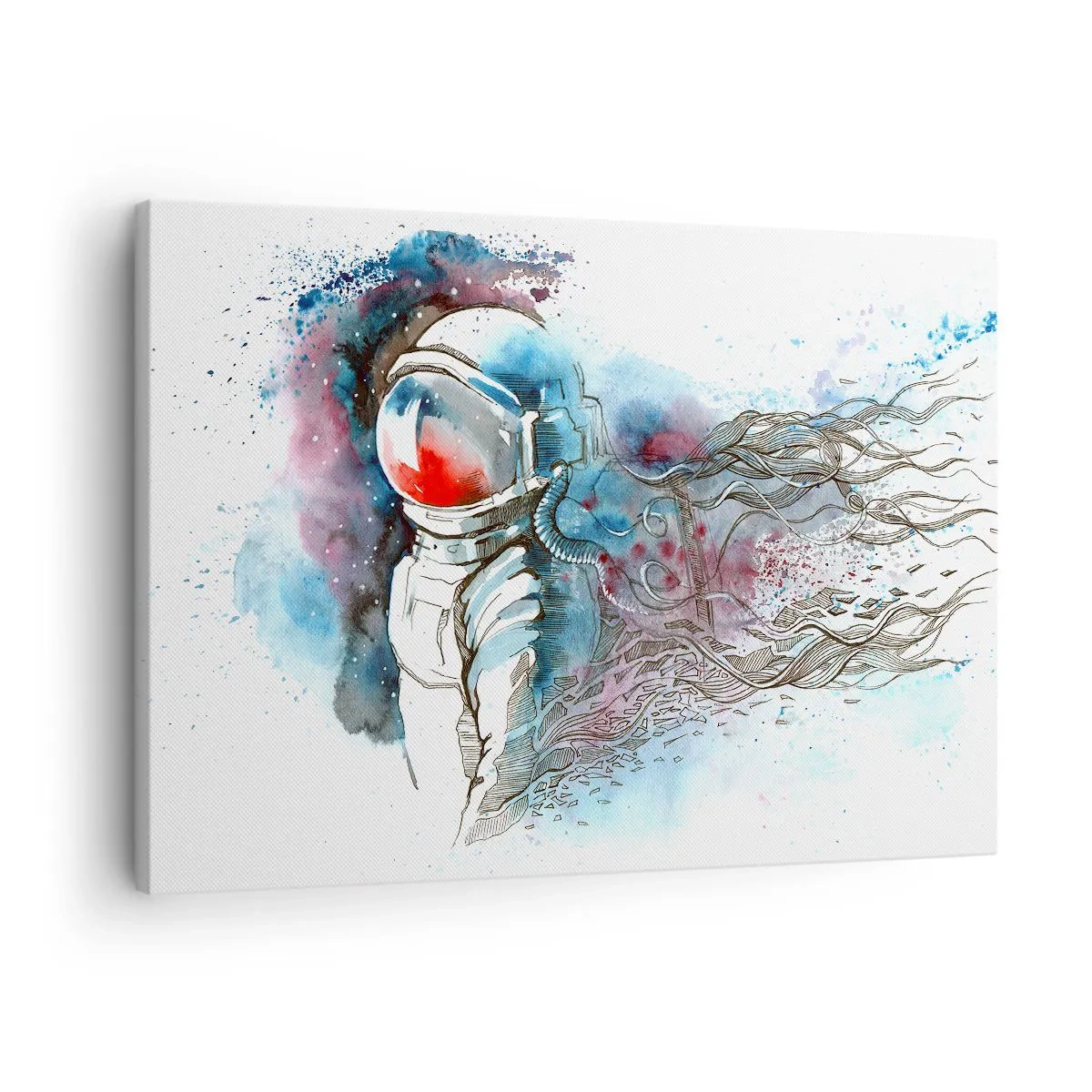 Obraz na plátne - Kozmonaut v dynamickom akvarelovom obraze s kozmickými detailmi - 70x50cm - Sám s vesmírom - Moderná nástenná dekorácia do obývacej izby a spálne ARTTOR