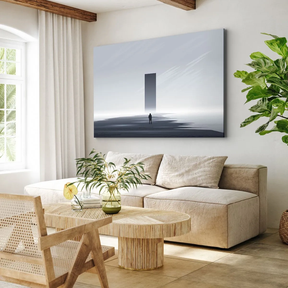 Obraz na plátne - Minimalistická krajina so siluetou vedľa obdĺžnikového monolitu - 70x50cm - Príležitosť alebo hrozba? - Moderná nástenná dekorácia do obývacej izby a spálne ARTTOR