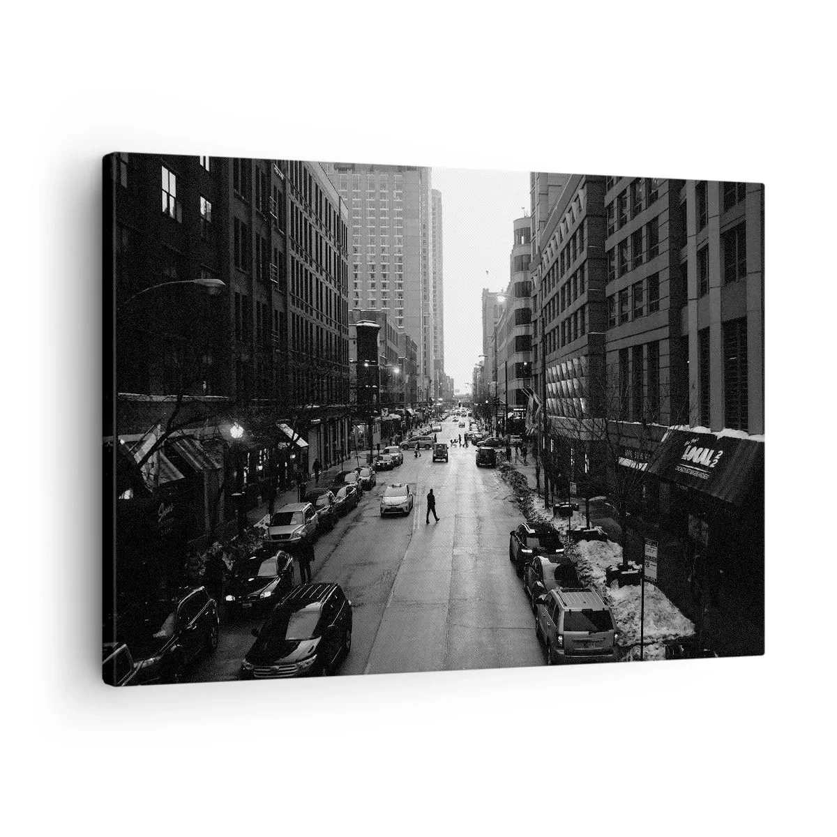 Obraz na plátne - Čiernobiela ulica uprostred mesta s autami a chodcami - 70x50cm - Ďalší deň, ako každý iný - Moderná nástenná dekorácia do obývacej izby a spálne ARTTOR