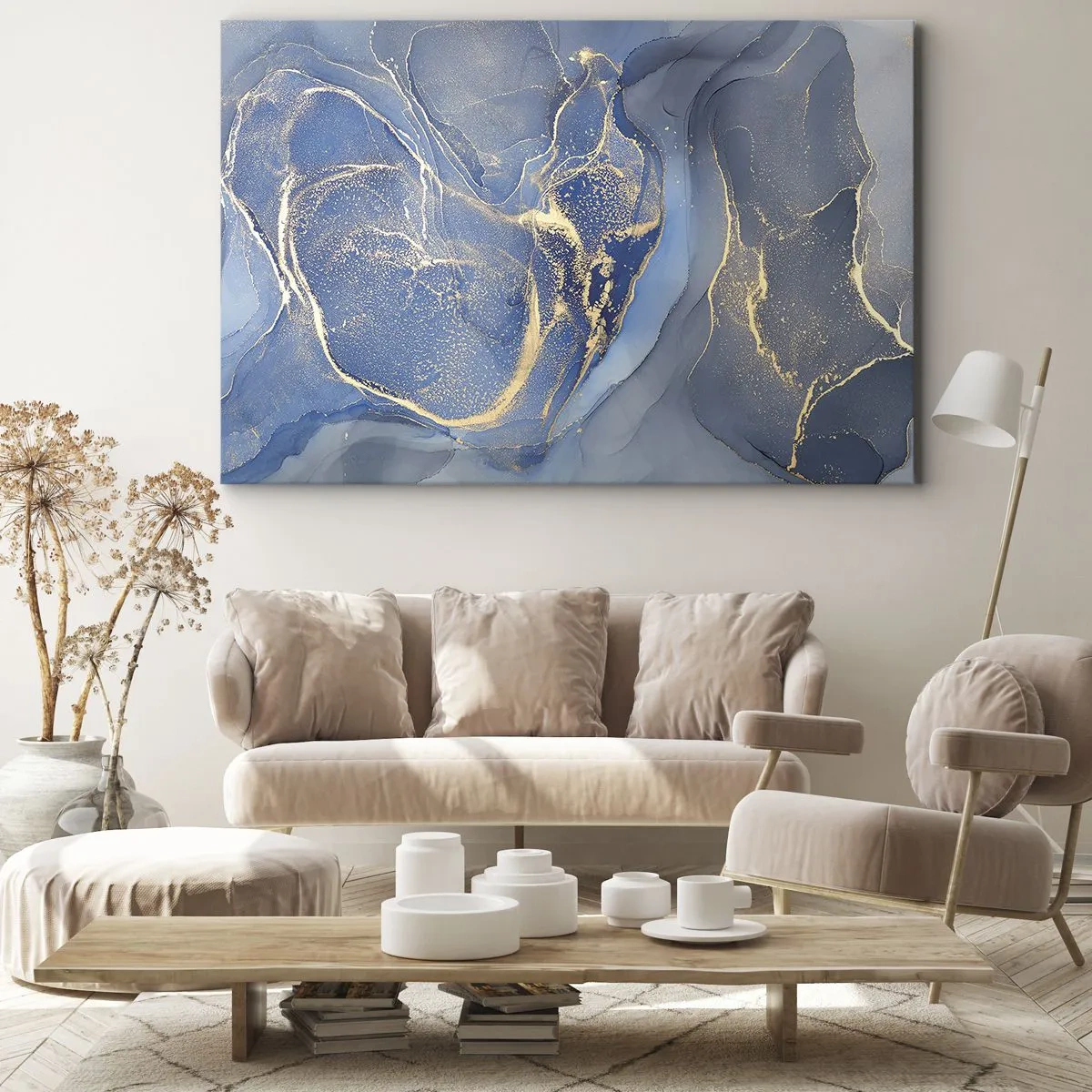 Obraz na plátne - Abstraktné modré vzory so zlatými akcentmi - 70x50cm - Zlatý prach - Moderná nástenná dekorácia do obývacej izby a spálne ARTTOR