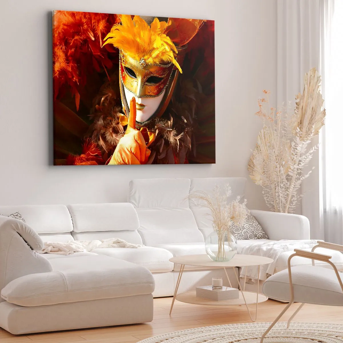 Obraz na plátne - Karnevalová maska v odtieňoch zlatej a oranžovej - 70x50cm - Tajomstvo je časťou hry - Moderná nástenná dekorácia do obývacej izby a spálne ARTTOR