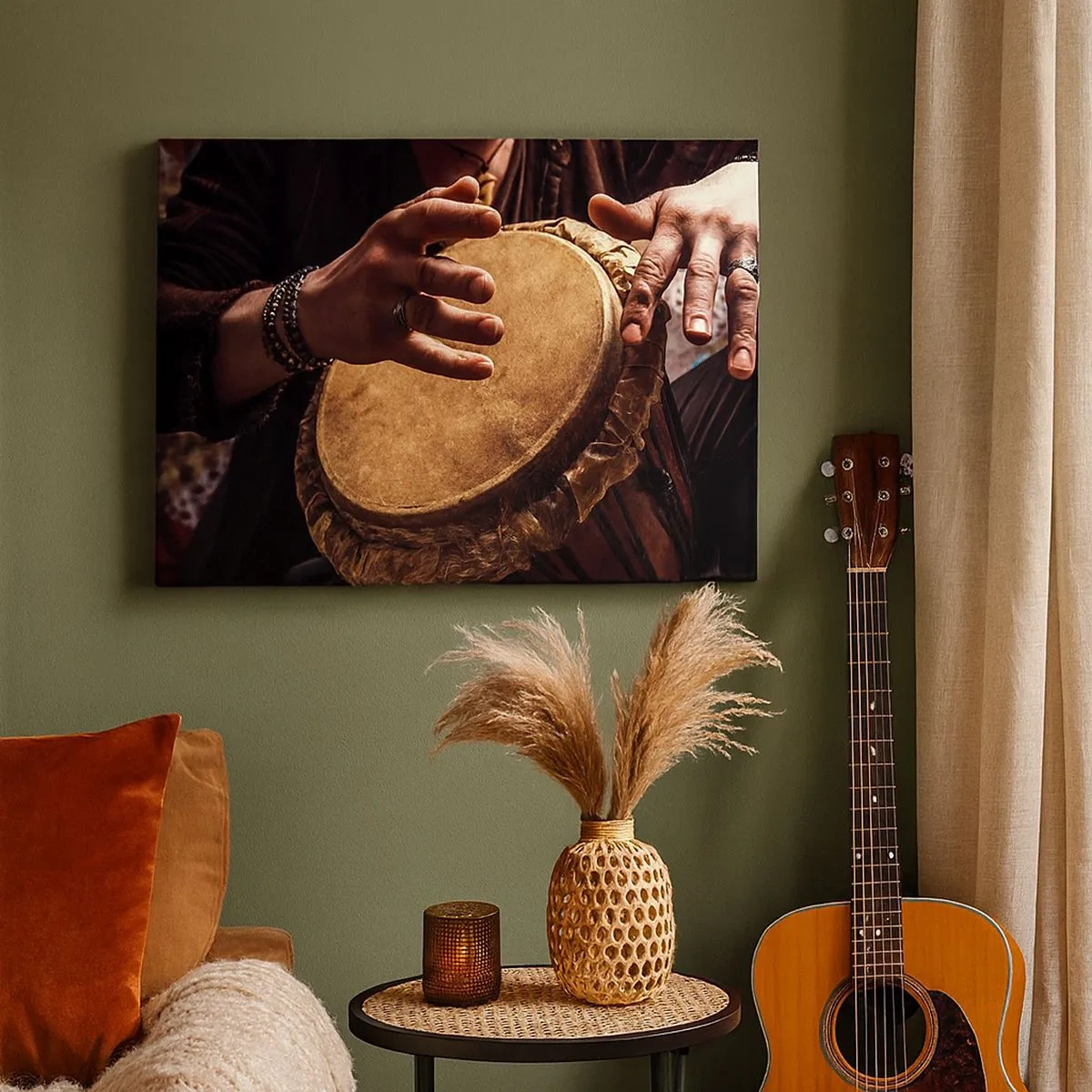 Obraz na plátne - Ruky hrajúce na tradičnom bubne djembe - 70x50cm - V rytme srdca - Moderná nástenná dekorácia do obývacej izby a spálne ARTTOR