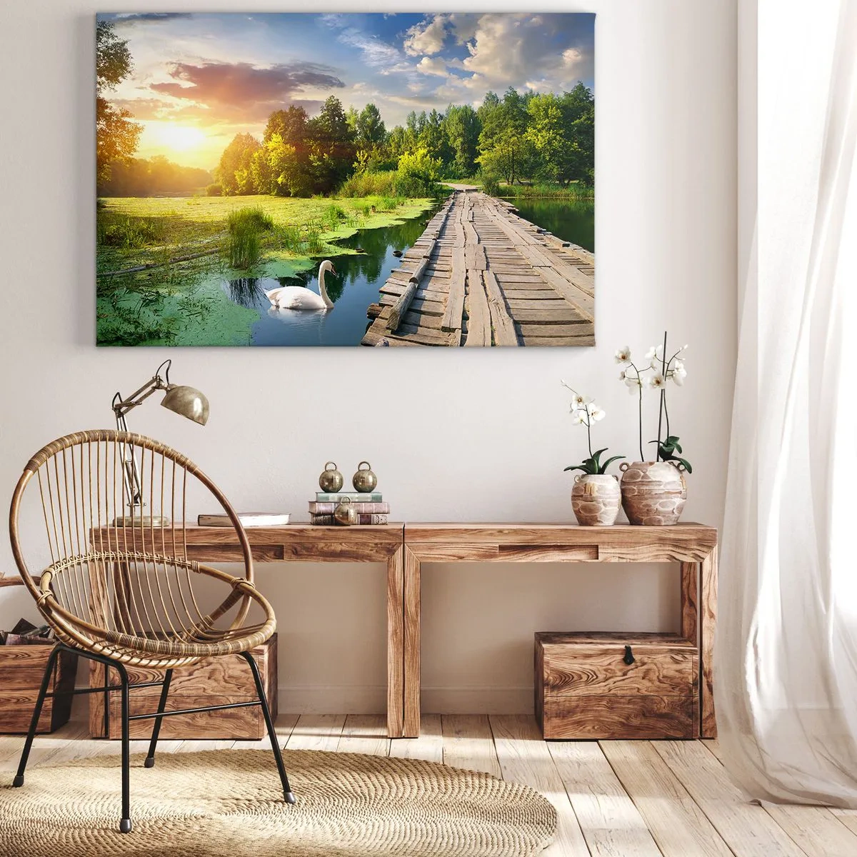 Obraz na plátne - Malebná krajina s mostom a labuťou - 70x50cm - Leto, leto všade - Moderná nástenná dekorácia do obývacej izby a spálne ARTTOR