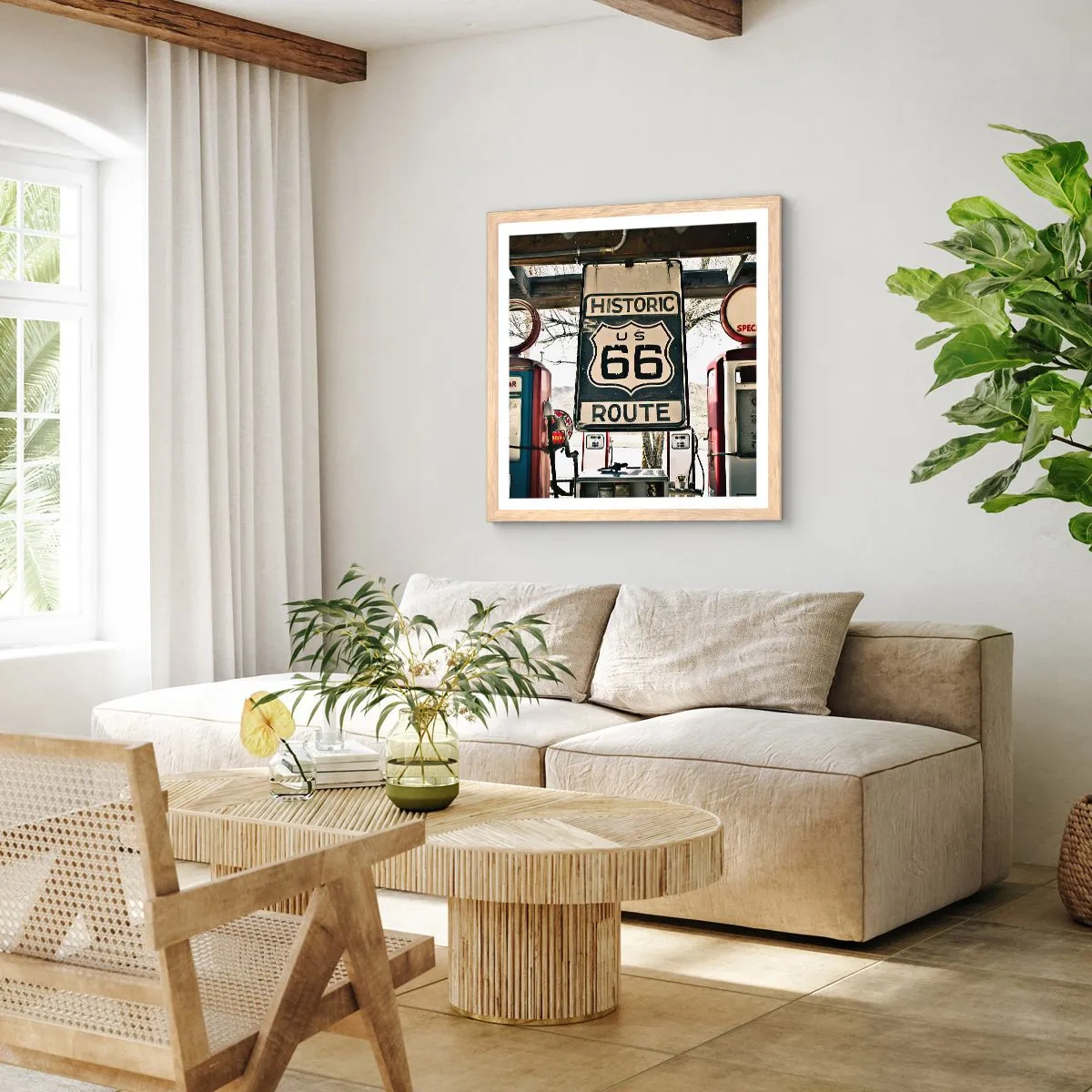 Plagát v ráme zo svetlého duba - Americká retro cesta - 60x60 cm