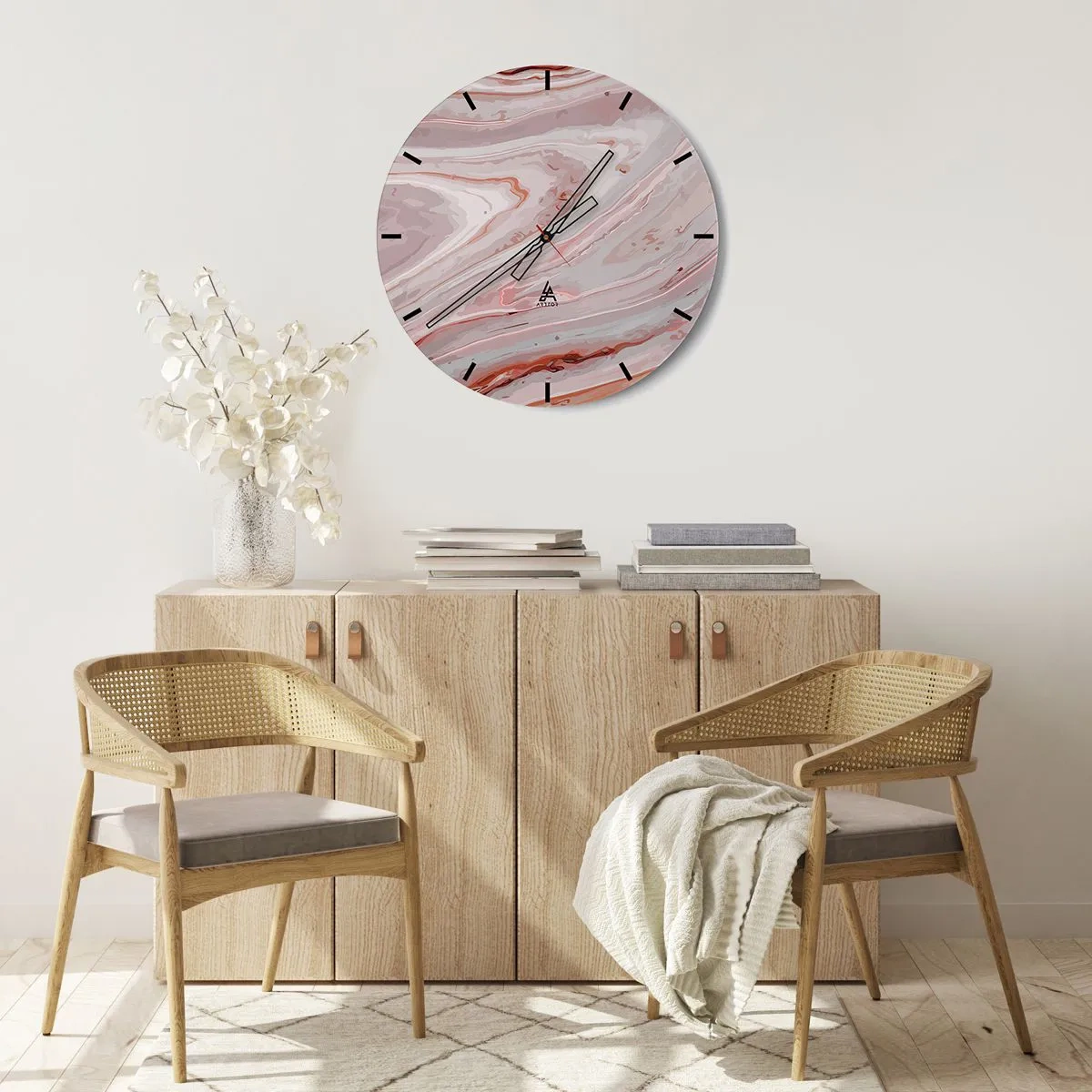 Nástenné hodiny - Abstraktný vzor pripomínajúci mramor v odtieňoch béžovej a ružovej. - 30x30cm - Tekutá ružová - Moderná nástenná dekorácia do obývacej izby, kuchyne a spálne ARTTOR