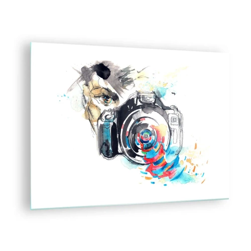 Obraz na skle - Fotoaparát s abstraktnými farebnými prvkami - 70x50cm - Okom objektívu - Moderná nástenná dekorácia do obývacej izby a spálne ARTTOR