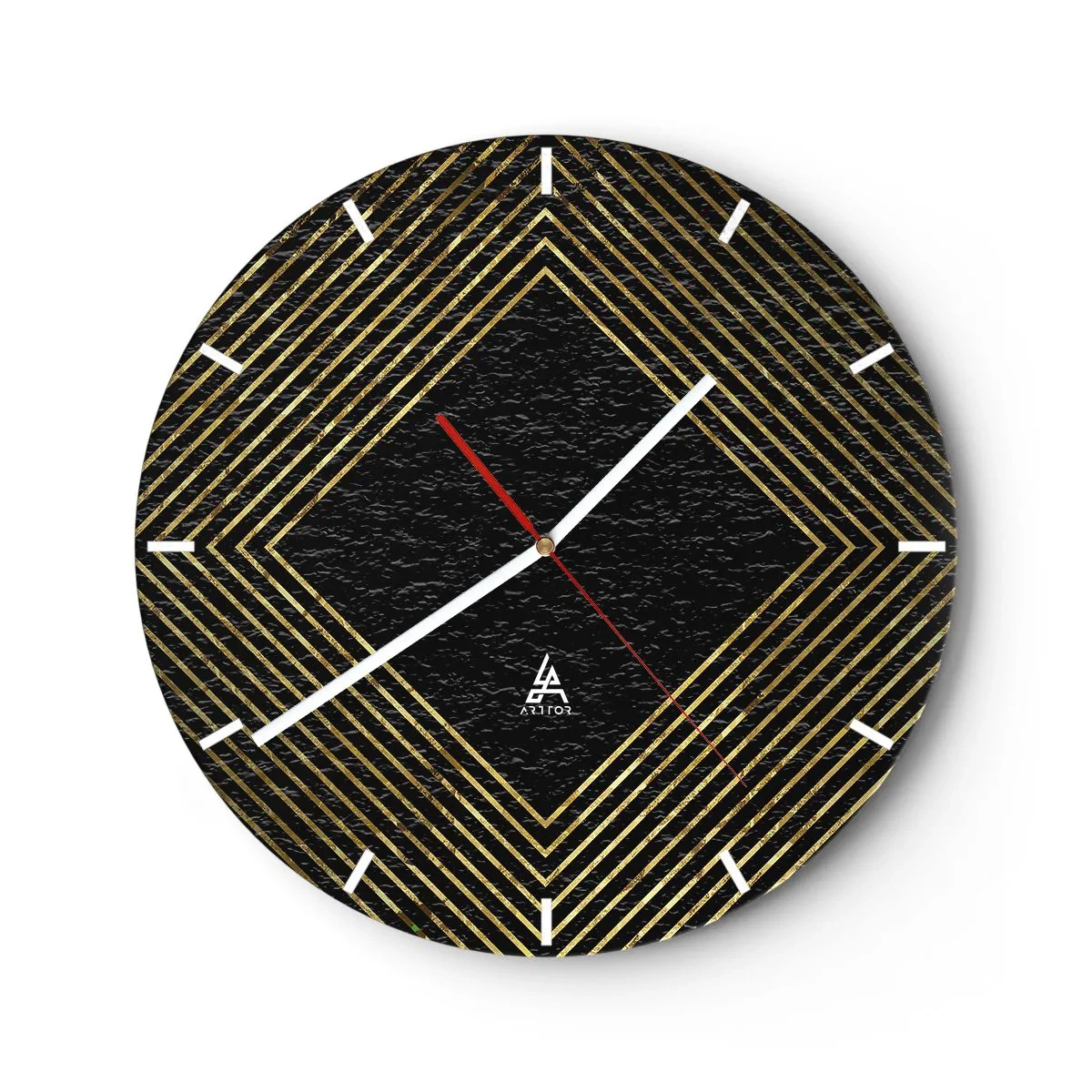 Nástenné hodiny - Zlaté čiary tvoriace kosoštvorec na čiernom pozadí - 30x30cm - Geometria v štýle glamour - Moderná nástenná dekorácia do obývacej izby, kuchyne a spálne ARTTOR