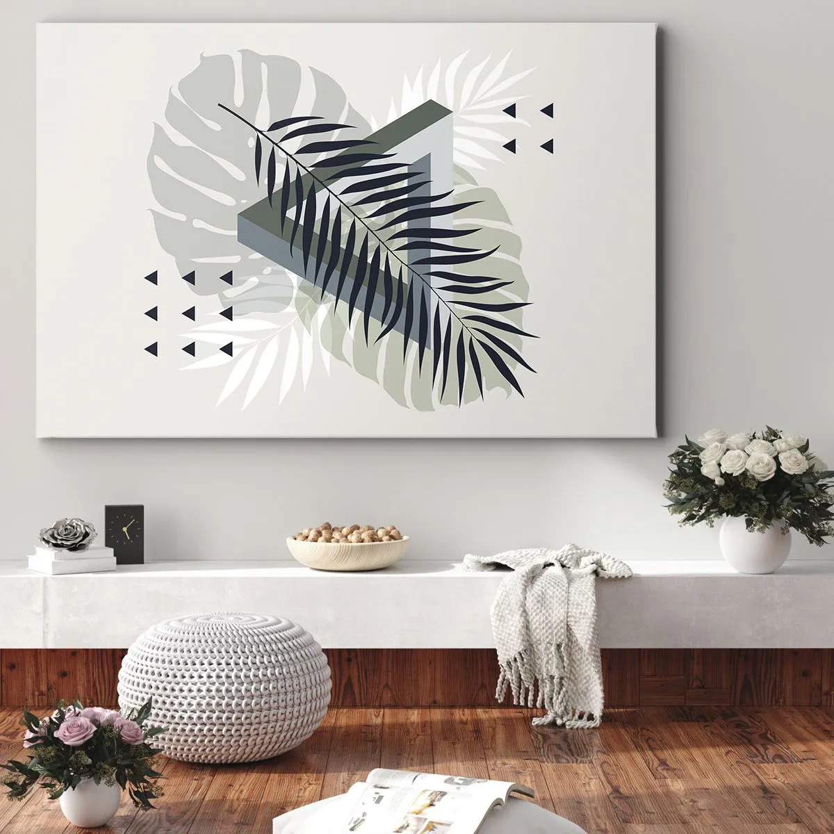 Obraz na plátne - Geometrická kompozícia s tropickými listami v odtieňoch zelenej - 70x50cm - Príroda a geometria – dva poriadky? - Moderná nástenná dekorácia do obývacej izby a spálne ARTTOR