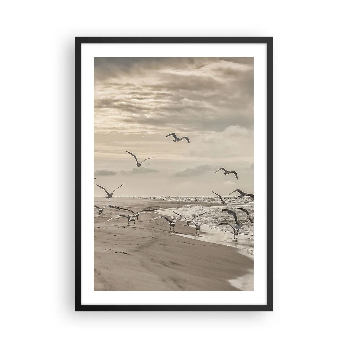 Plagát v čiernom ráme - Čajky vznášajúce sa nad pobrežím pod zamračenou oblohou - 50x70cm - Šumenie mora, spev vtákov - Moderná nástenná dekorácia do obývacej izby a spálne ARTTOR