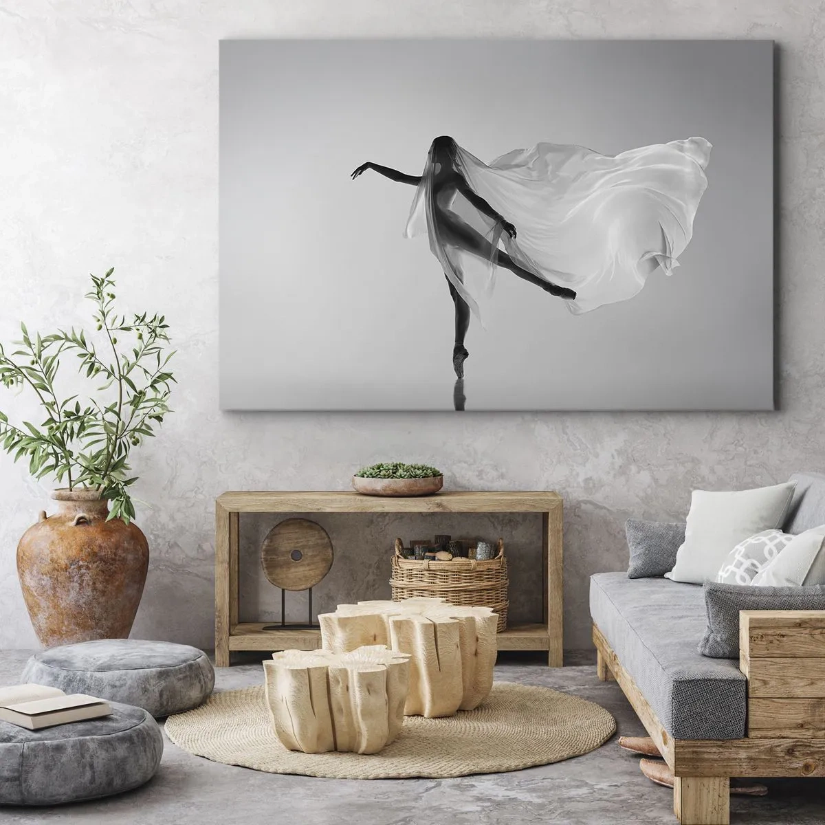 Obraz na plátne - Tanečnica v éterickej póze s rozvláčnou látkou - 70x50cm - Ľahkosť a pôvab - Moderná nástenná dekorácia do obývacej izby a spálne ARTTOR