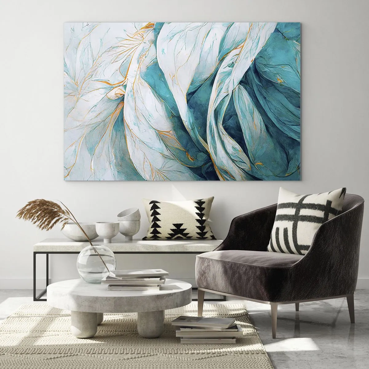 Obraz na skle - Organická abstrakcia v modrých a zlatých líniách - 70x50cm - Modrá abstrakcia so zlatým motívom - Moderná nástenná dekorácia do obývacej izby a spálne ARTTOR