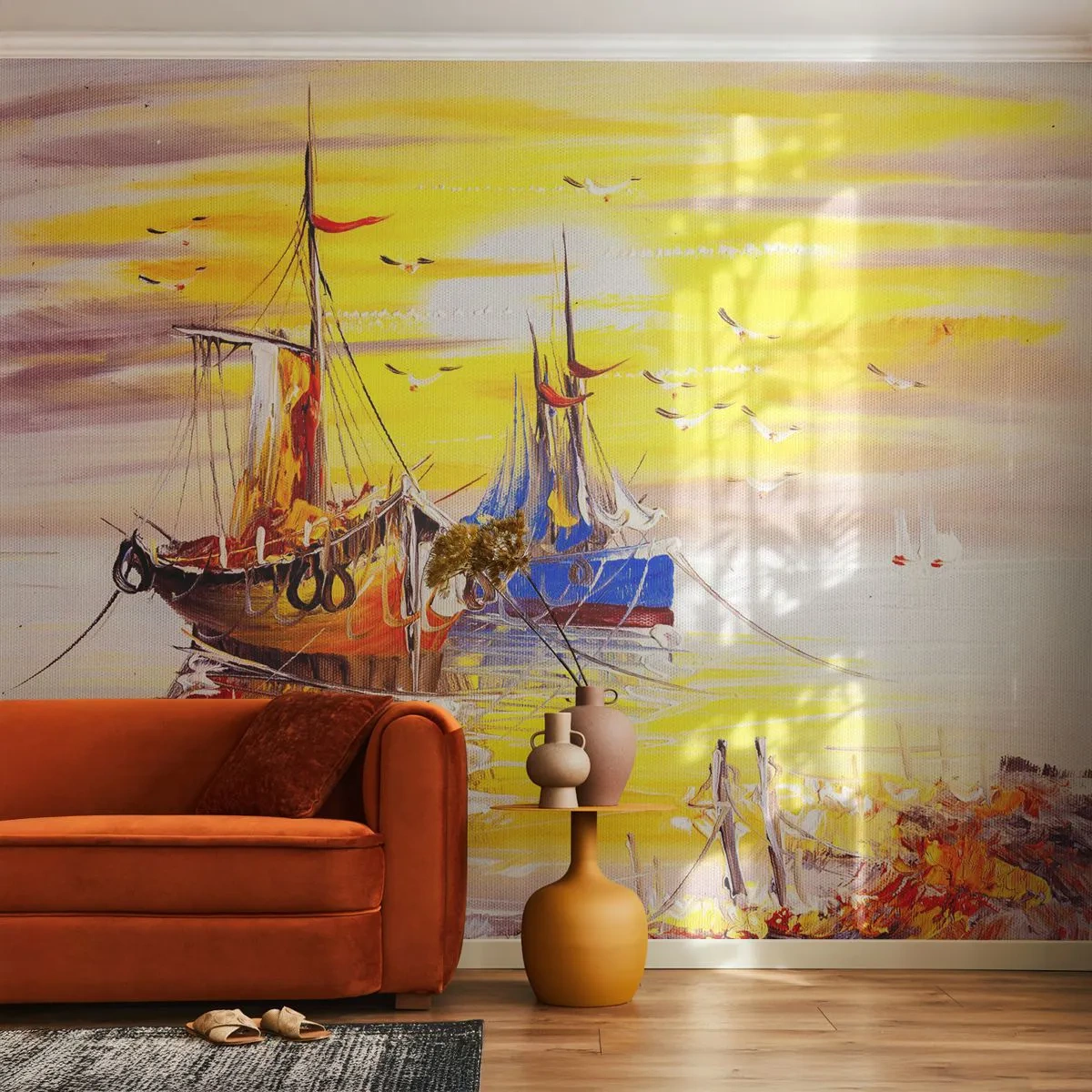 Fototapeta Premium Canvas - Zaslúžený odpočinok v prístave - Rybarska lod, Rybolov, Vtáky - 250x175 cm