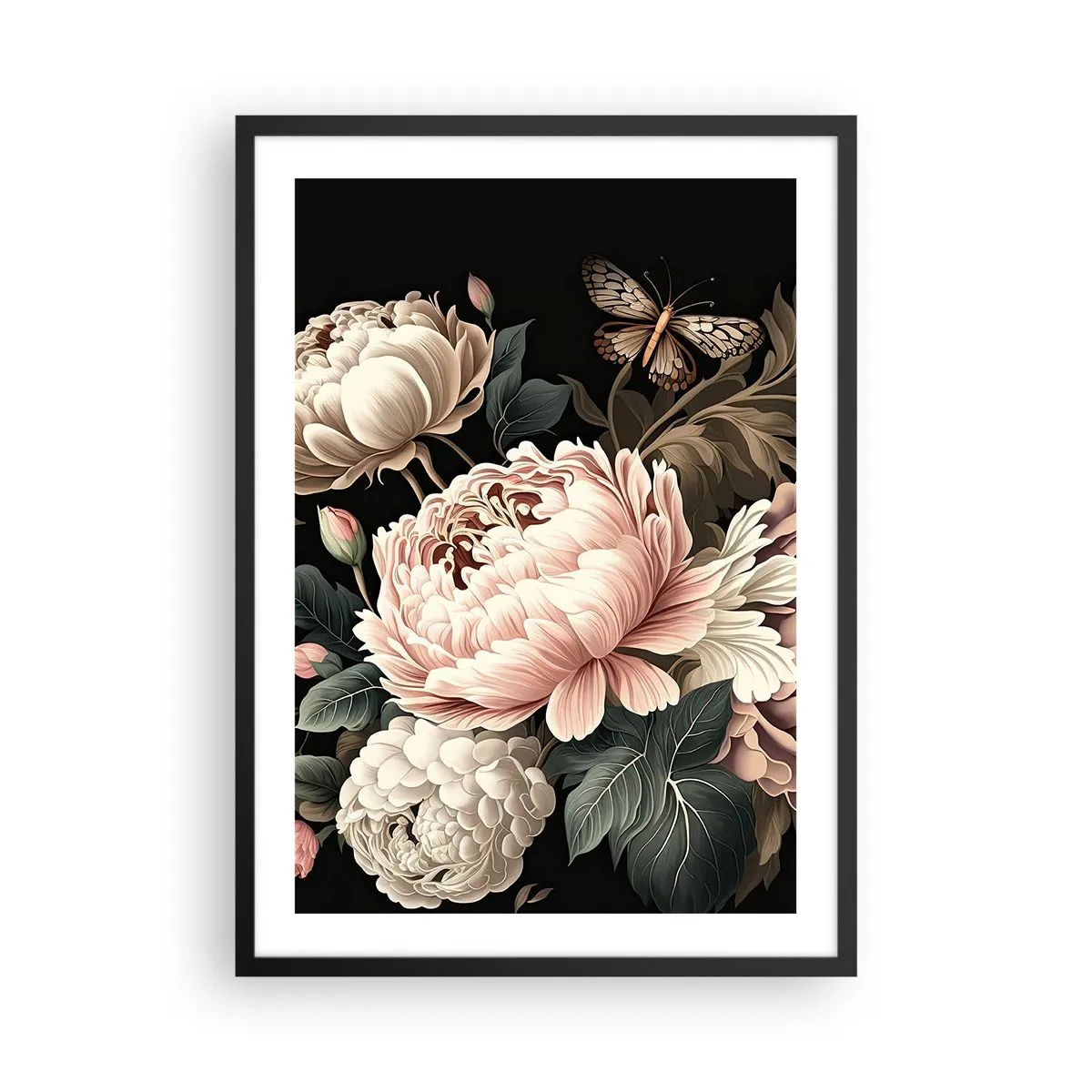 Plagát v čiernom ráme - Elegantné pivonky a motýľ na čiernom pozadí - 50x70cm - V barokovom štýle - Moderná nástenná dekorácia do obývacej izby a spálne ARTTOR