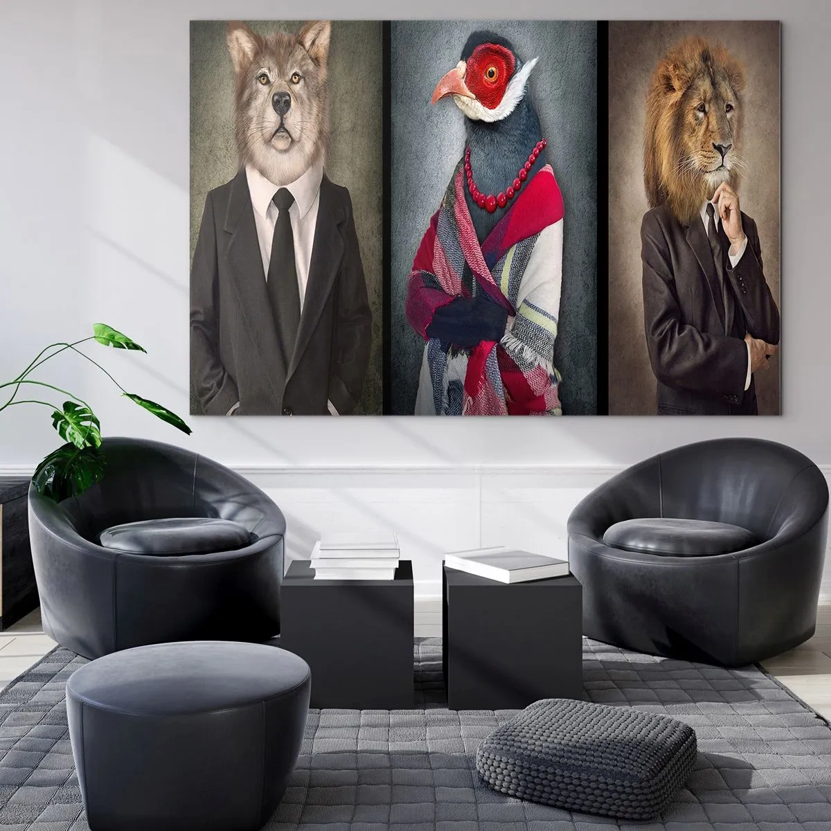 Obraz na skle - Tri zvieratá v elegantnom oblečení na štylizovanom pozadí - 70x50cm - Čo tu robím?! - Moderná nástenná dekorácia do obývacej izby a spálne ARTTOR