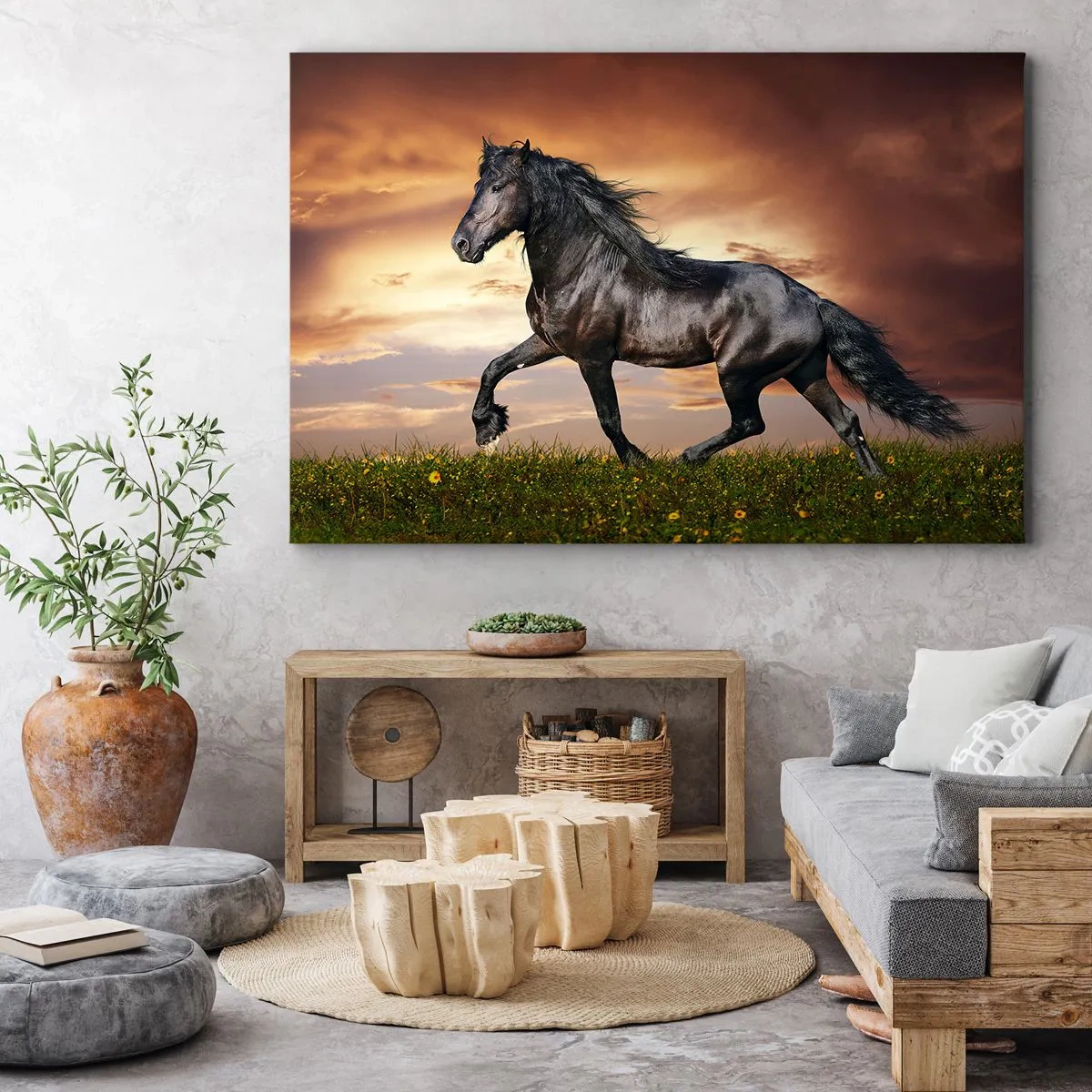 Obraz na plátne - Čierny kôň cválajúci proti zapadajúcemu slnku - 70x50cm - Čierny knieža - Moderná nástenná dekorácia do obývacej izby a spálne ARTTOR