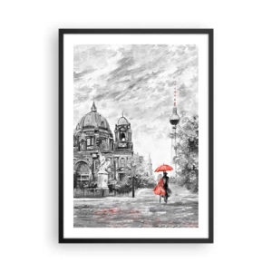 Plagát v čiernom ráme - Postava s červeným dáždnikom na pozadí berlínskej architektúry - 50x70cm - Berlínske stretnutie - Moderná nástenná dekorácia do obývacej izby a spálne ARTTOR