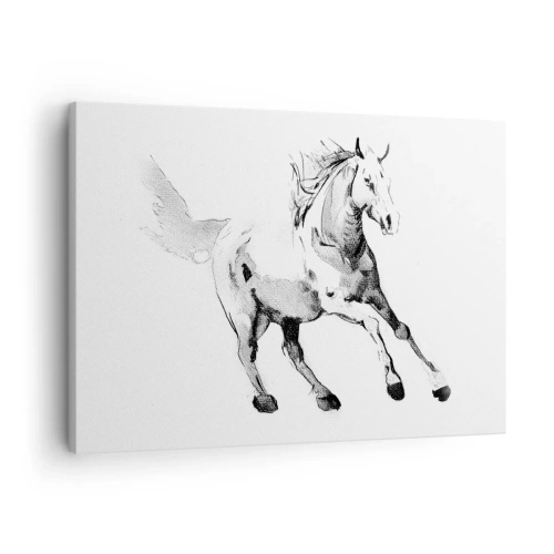 Obraz na plátne - Náčrt cválajúceho koňa v odtieňoch čiernej a bielej - 70x50cm - Neskrotená duša - Moderná nástenná dekorácia do obývacej izby a spálne ARTTOR