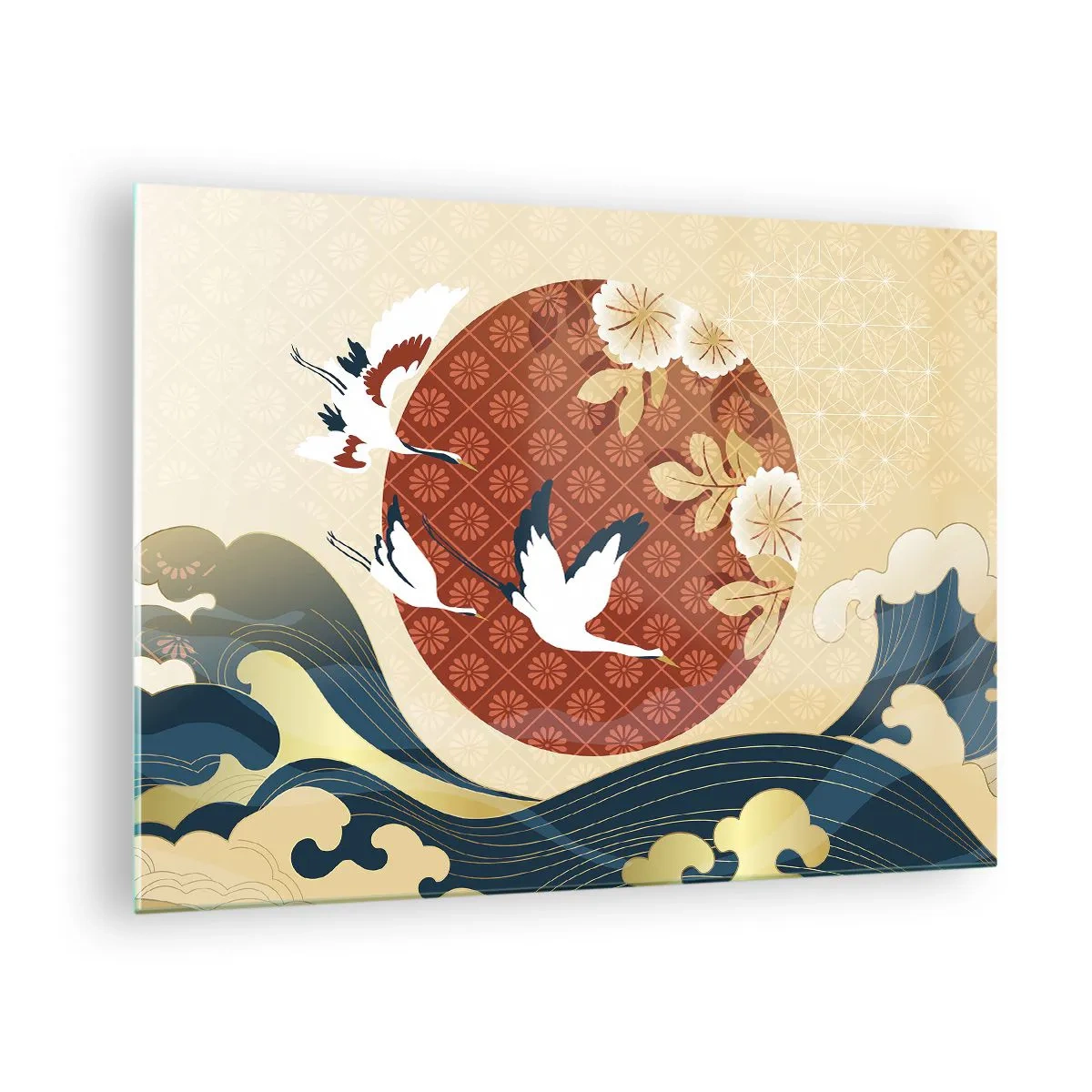 Obraz na skle - Japonské žeriavy nad vlnami na pozadí červeného kruhu - 70x50cm - Japonská rozprávka - Moderná nástenná dekorácia do obývacej izby a spálne ARTTOR