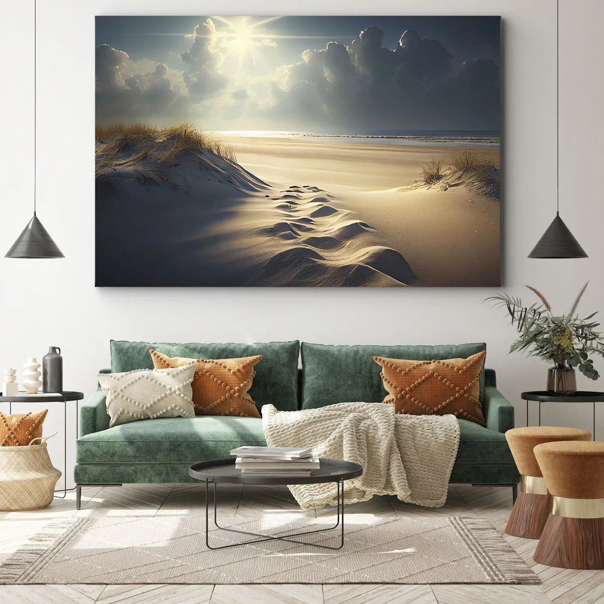 Obraz na plátne - Zlaté duny na pláži pri západe slnka s výhľadom na more - 70x50cm - Upokojujúca krajina - Moderná nástenná dekorácia do obývacej izby a spálne ARTTOR