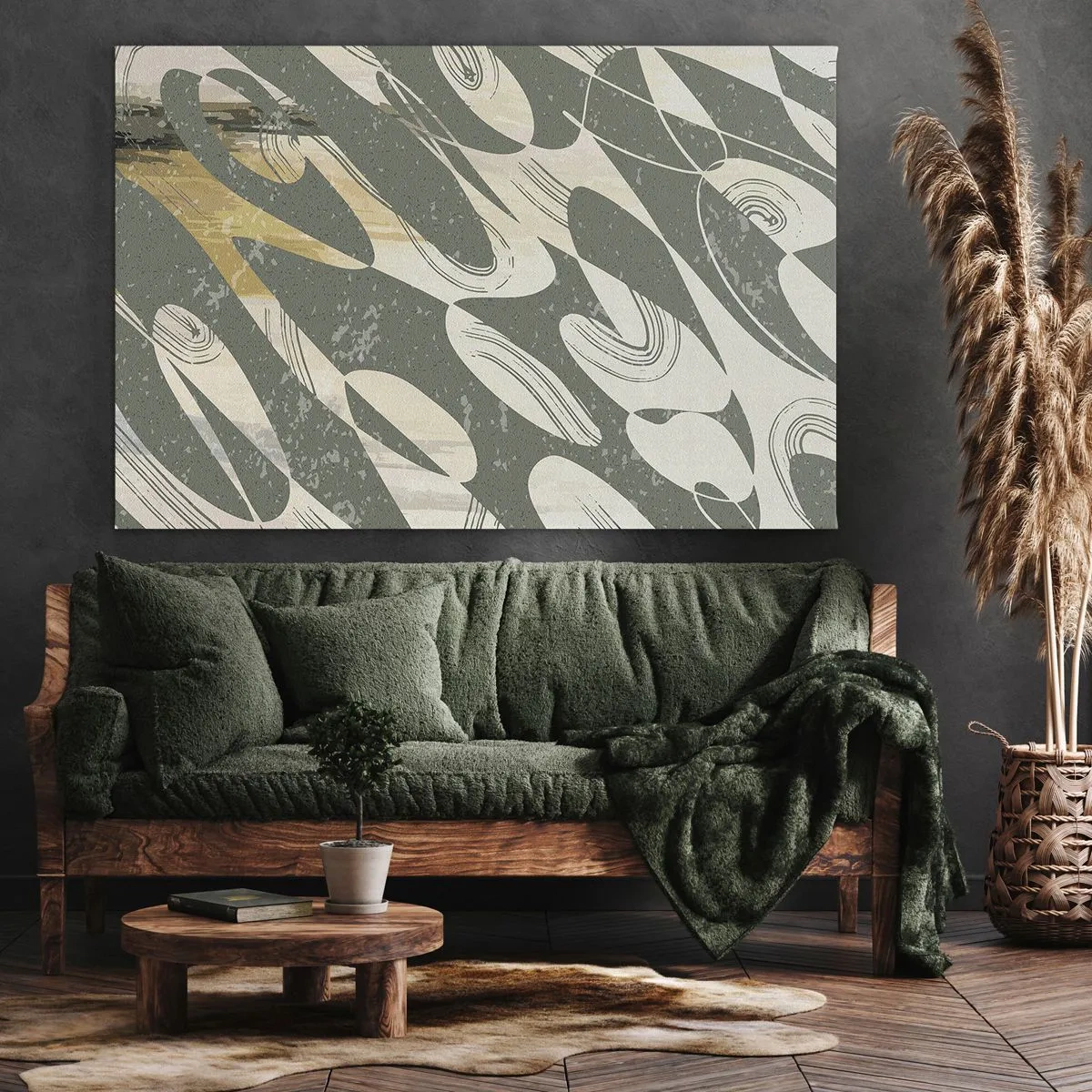 Obraz na plátne - Dynamické tvary v odtieňoch zelenej a zlatej - 70x50cm - Rytmizovaná abstrakcia - Moderná nástenná dekorácia do obývacej izby a spálne ARTTOR