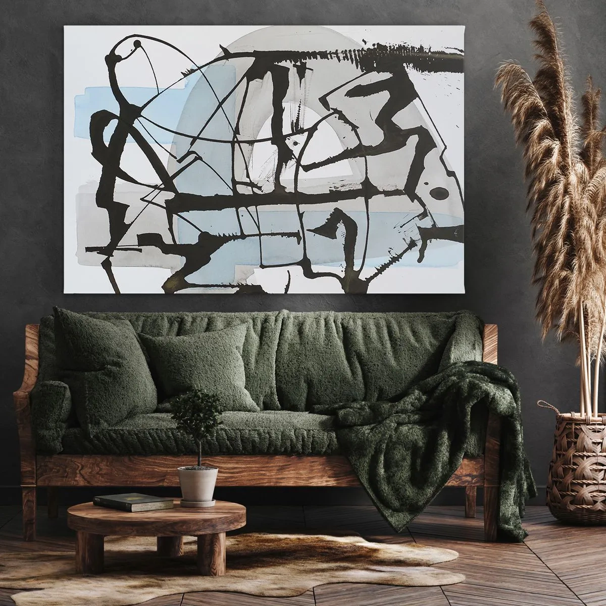 Obraz na plátne - Abstraktné čiary a tvary v modrej a čiernej farbe - 70x50cm - Aj napriek tomu modrý - Moderná nástenná dekorácia do obývacej izby a spálne ARTTOR