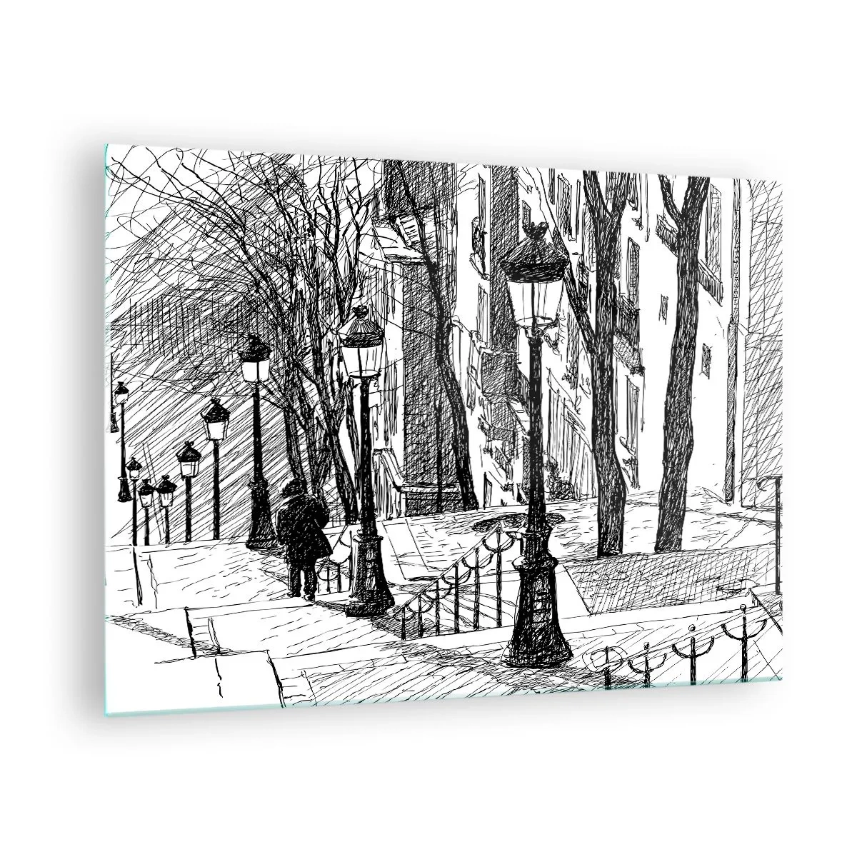 Obraz na skle - Čiernobiela kresba mestskej ulice s lampášmi - 70x50cm - Milostný príbeh alebo horor? - Moderná nástenná dekorácia do obývacej izby a spálne ARTTOR