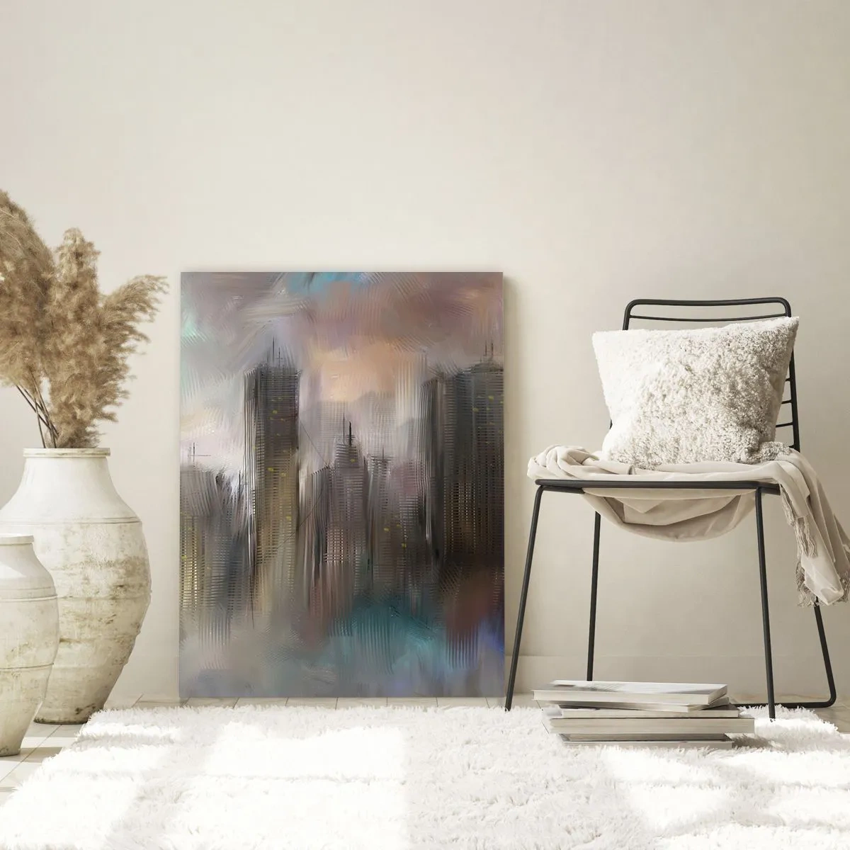 Obraz na skle - Kompozícia z ocele, kameňa a hmly - 50x70 cm