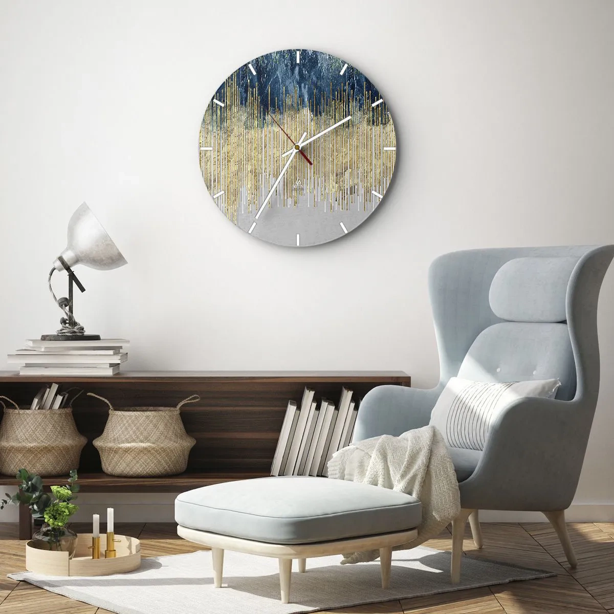 Nástenné hodiny - Zlaté zvislé čiary prechádzajúce do námorníckych a sivých prechodov - 30x30cm - Pozlátená hranica - Moderná nástenná dekorácia do obývacej izby, kuchyne a spálne ARTTOR