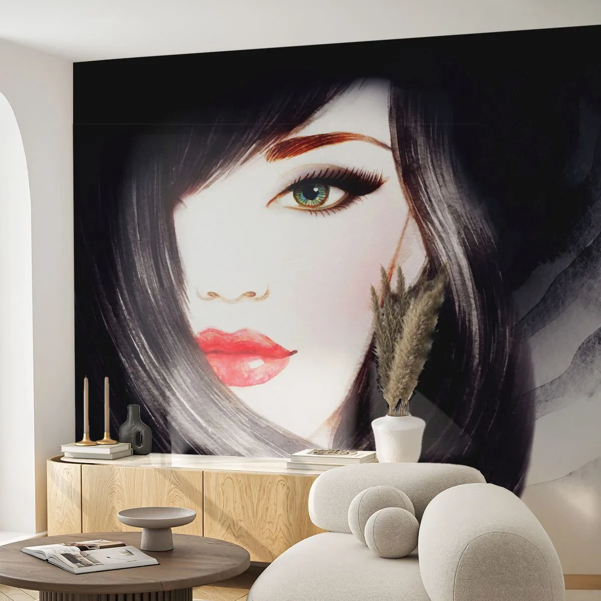 Fototapeta Premium Canvas - Zafírový pohľad - Ženská tvár, červené pery, Zelené oči - 450x315 cm