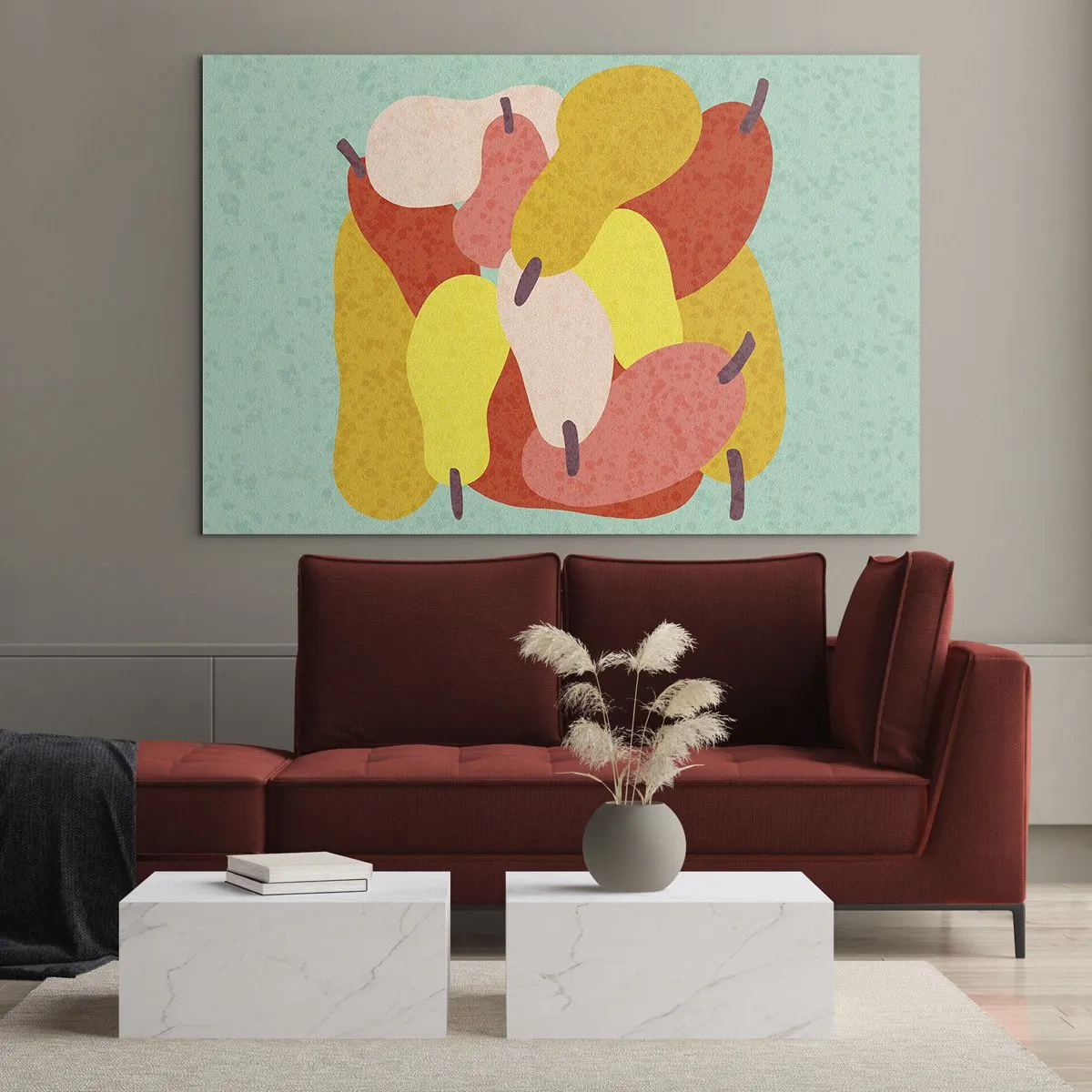 Obraz na skle - Farebné hrušky v grafickom štýle na tyrkysovom pozadí - 70x50cm - Ochutnajte letné slnko - Moderná nástenná dekorácia do obývacej izby a spálne ARTTOR