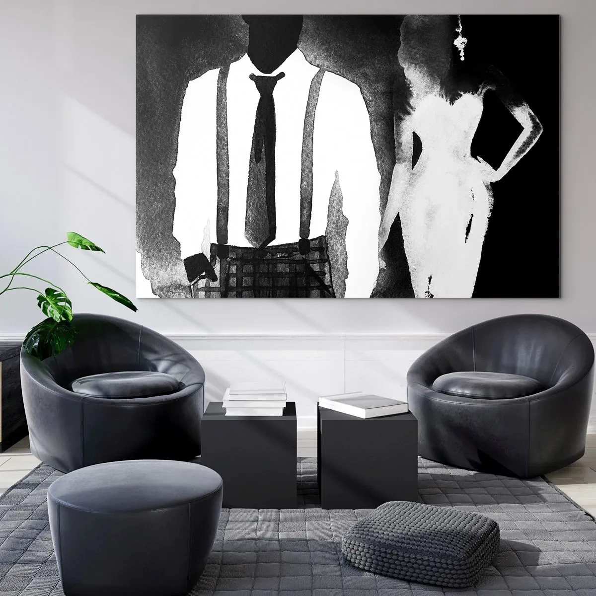 Obraz na skle - Čierna a biela silueta elegantného noir páru - 70x50cm - V štýle noir - Moderná nástenná dekorácia do obývacej izby a spálne ARTTOR