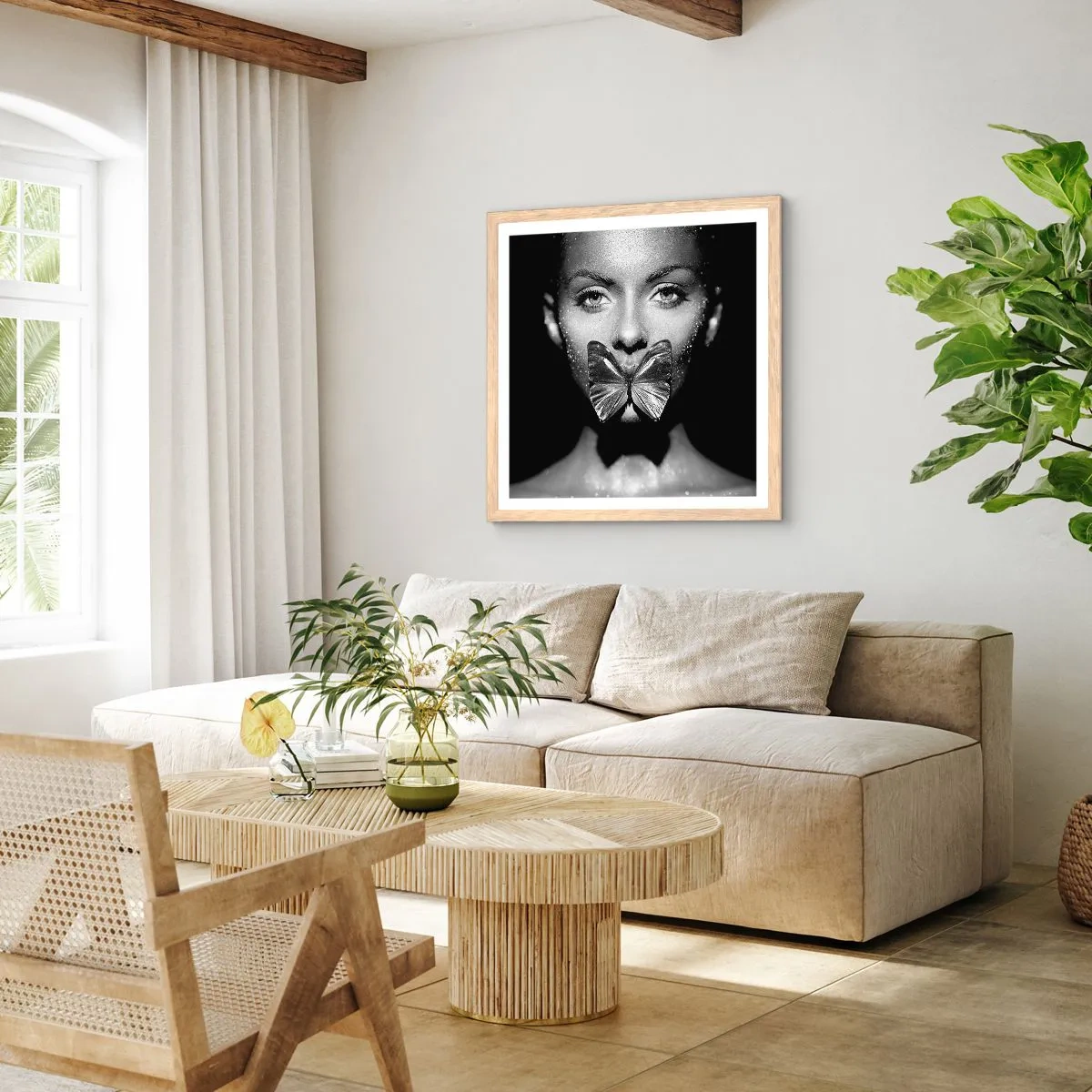 Plagát v ráme zo svetlého duba - Motýlí bozk - 60x60 cm