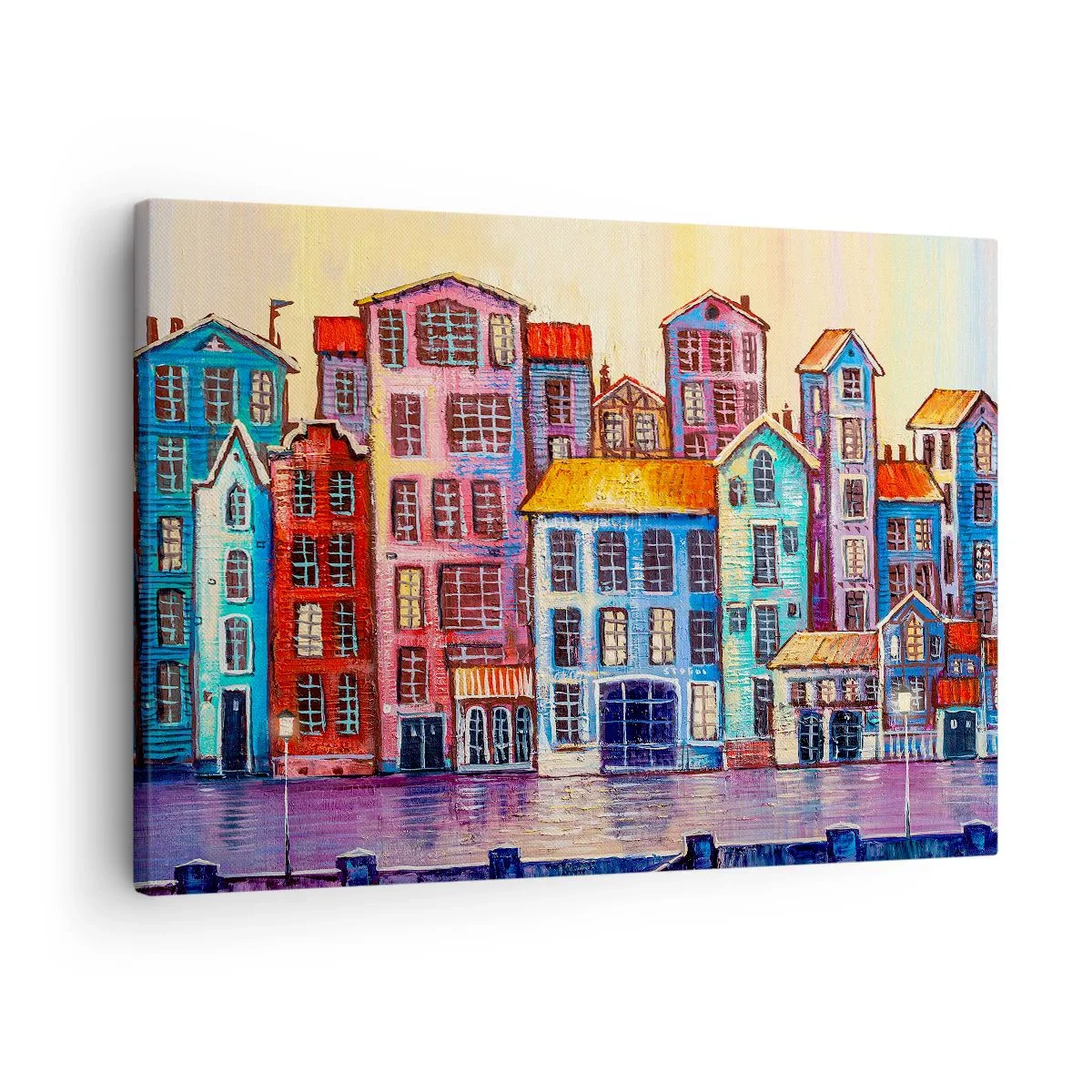 Obraz na plátne - Farebné činžiakové domy pri vode v umeleckom štýle - 70x50cm - Mesto ako z rozprávky - Moderná nástenná dekorácia do obývacej izby a spálne ARTTOR