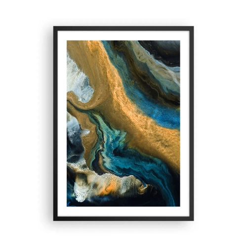 Plagát v čiernom ráme - Abstraktná kompozícia v odtieňoch zlatej a modrej. - 50x70cm - Modrá – žltá – vzájomné vplyvy - Moderná nástenná dekorácia do obývacej izby a spálne ARTTOR