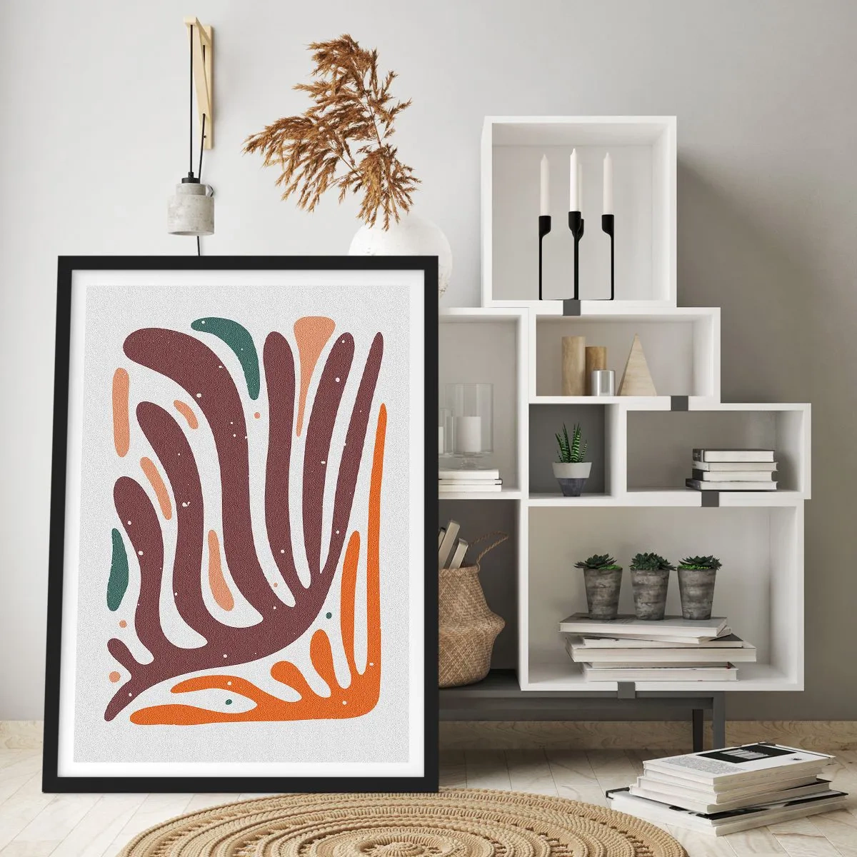Plagát v čiernom ráme - Organická abstrakcia v teplých odtieňoch hnedej a oranžovej - 50x70cm - Organická a radiálna kompozícia - Moderná nástenná dekorácia do obývacej izby a spálne ARTTOR