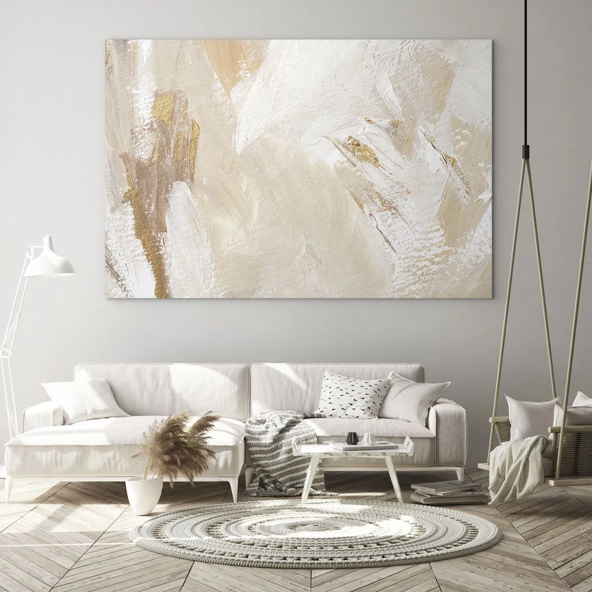 Obraz na skle - Béžová a biela abstrakcia so zlatými akcentmi - 70x50cm - Pastelová kompozícia - Moderná nástenná dekorácia do obývacej izby a spálne ARTTOR