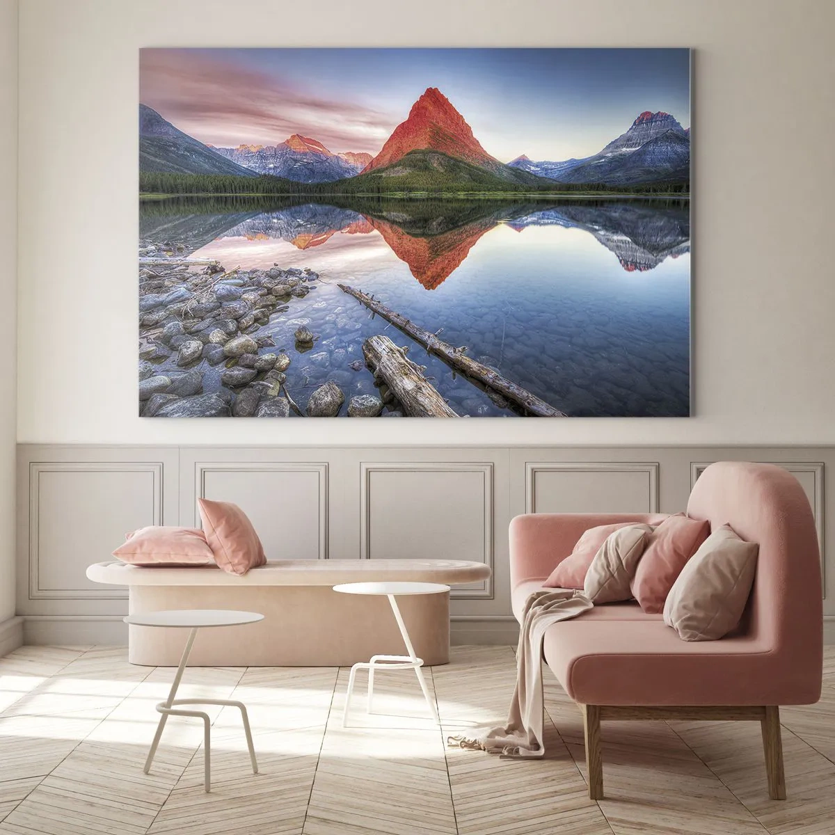 Obraz na skle - Vrchol hory odrážajúci sa v pokojnom jazere - 70x50cm - Teplo a chlad - Moderná nástenná dekorácia do obývacej izby a spálne ARTTOR