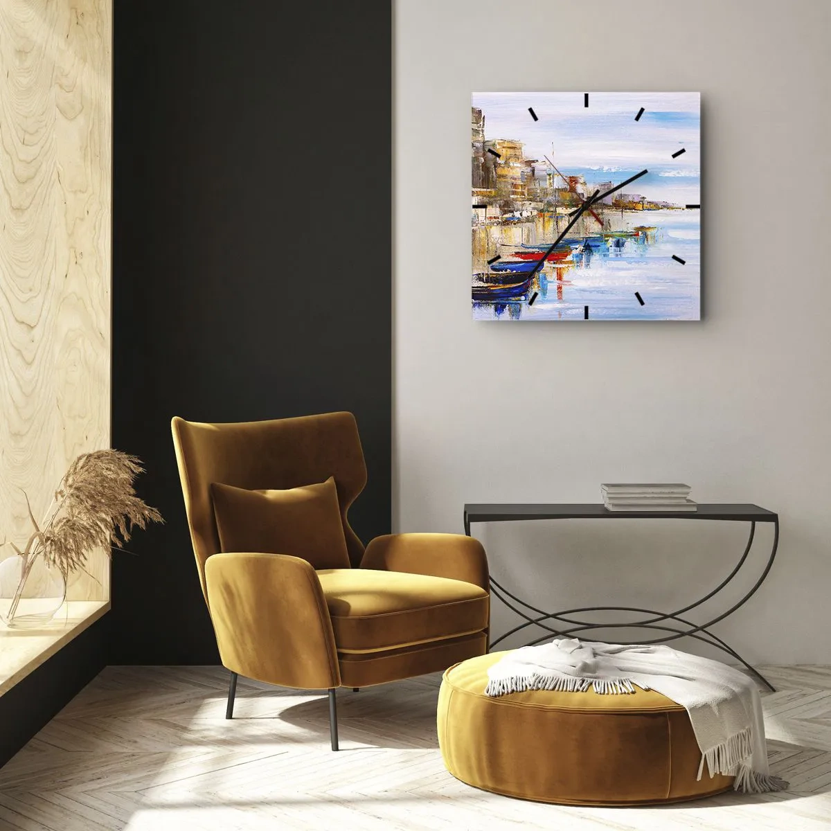 Nástenné hodiny - Viacfarebný mestský prístav - 40x40 cm