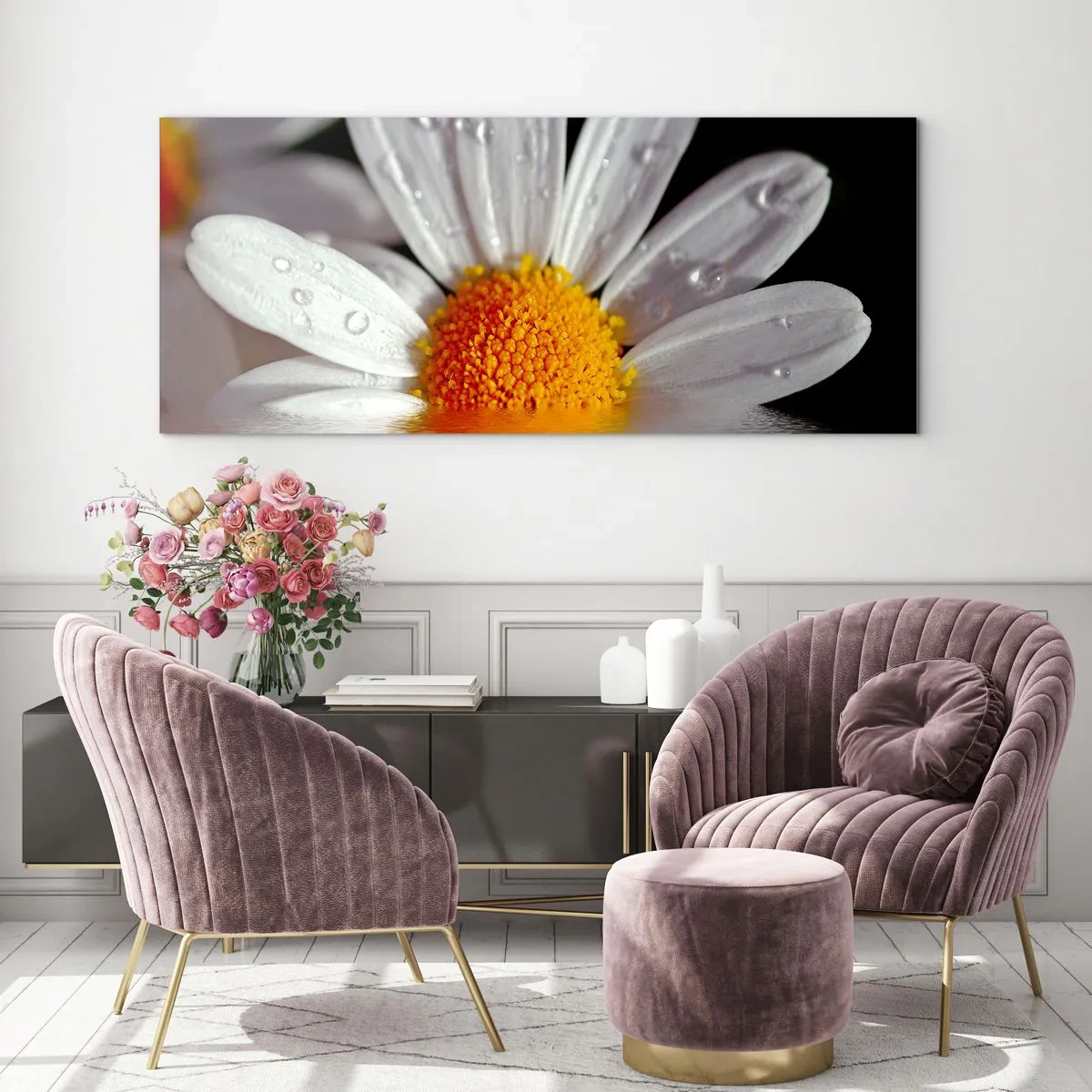 Obraz na skle - Vychádzajúce slnko sedmokrásky - 90x30 cm