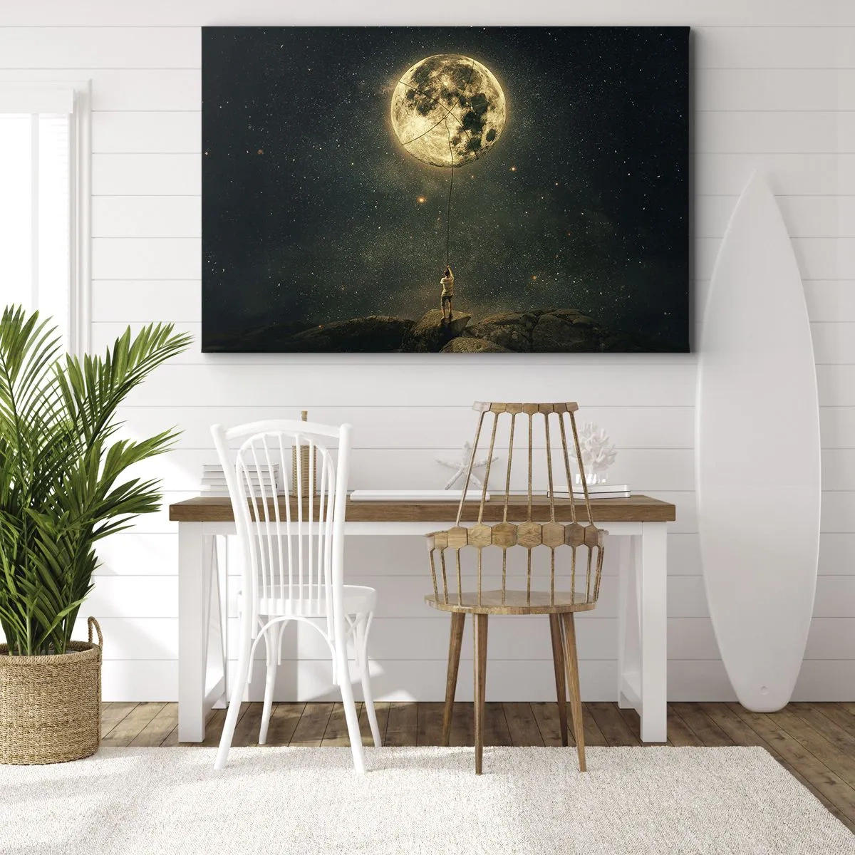 Obraz na plátne - Muž s mesiacom na pozadí hviezdnej oblohy - 70x50cm - Chlap, ktorý ukradol mesiac - Moderná nástenná dekorácia do obývacej izby a spálne ARTTOR
