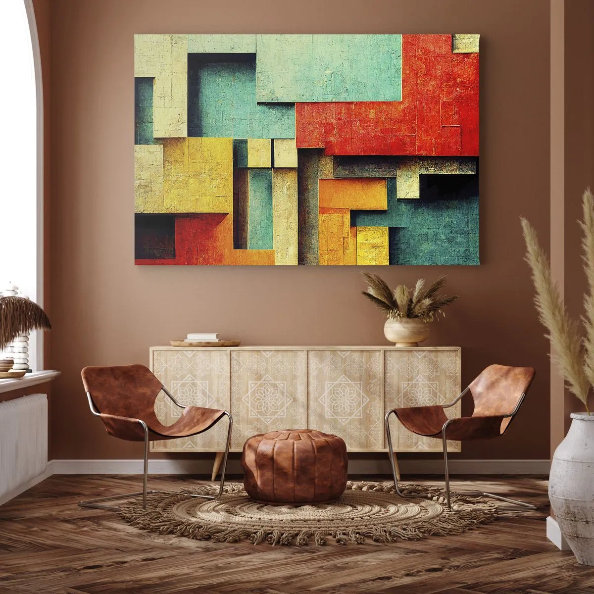 Obraz na plátne - Abstraktné geometrické tvary v žiarivých farbách - 70x50cm - Festival pravých uhlov - Moderná nástenná dekorácia do obývacej izby a spálne ARTTOR