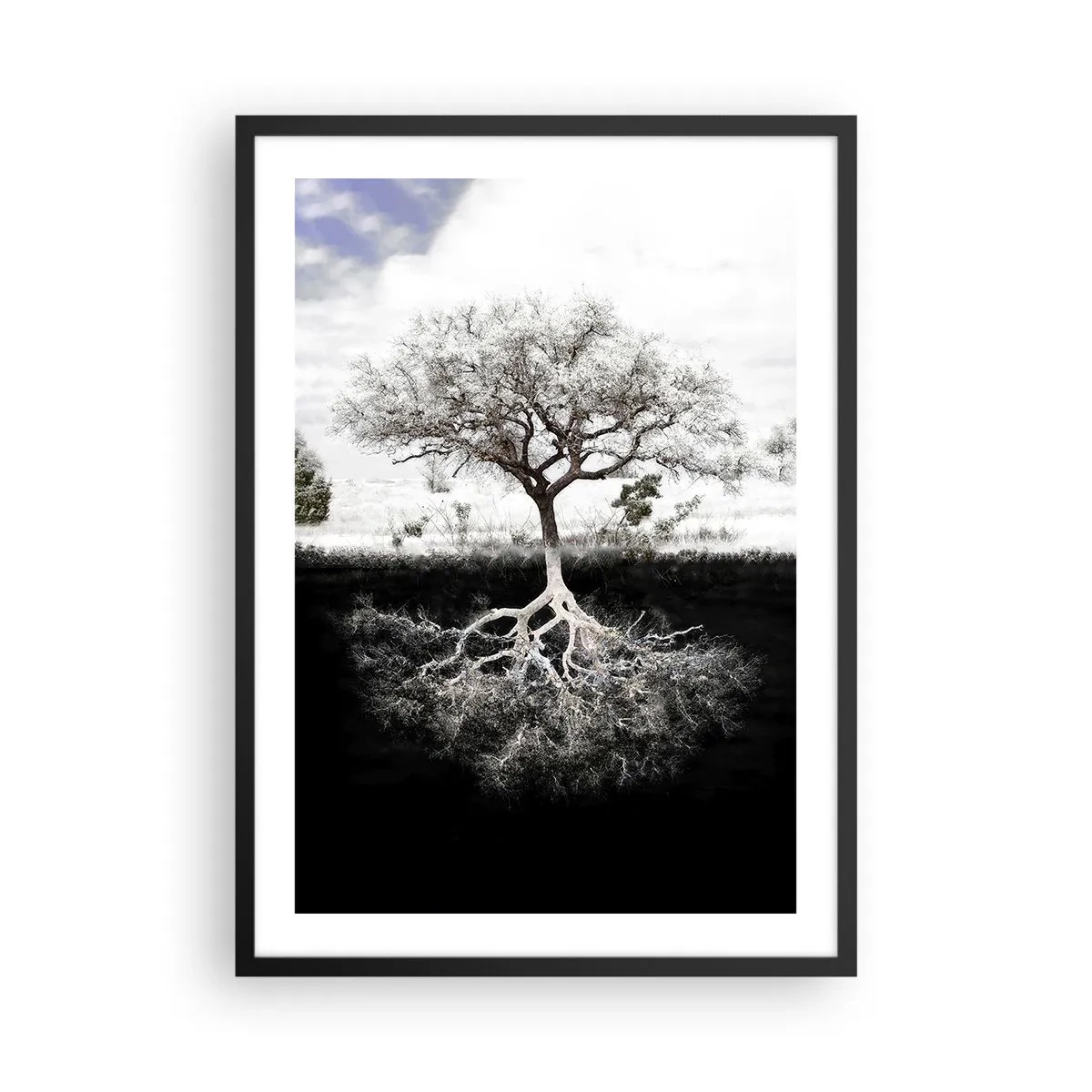 Plagát v čiernom ráme - Minimalistický strom s viditeľným koreňovým systémom - 50x70cm - Objavenie podstaty sveta - Moderná nástenná dekorácia do obývacej izby a spálne ARTTOR