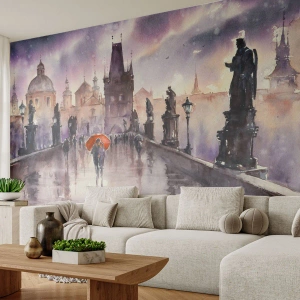 Fototapeta Standard Eco - Romantický akvarel mosta s postavou pod červeným dáždnikom - 100x70cm - Ľudia sa nemenia - Moderná nástenná dekorácia do obývacej izby a spálne ARTTOR