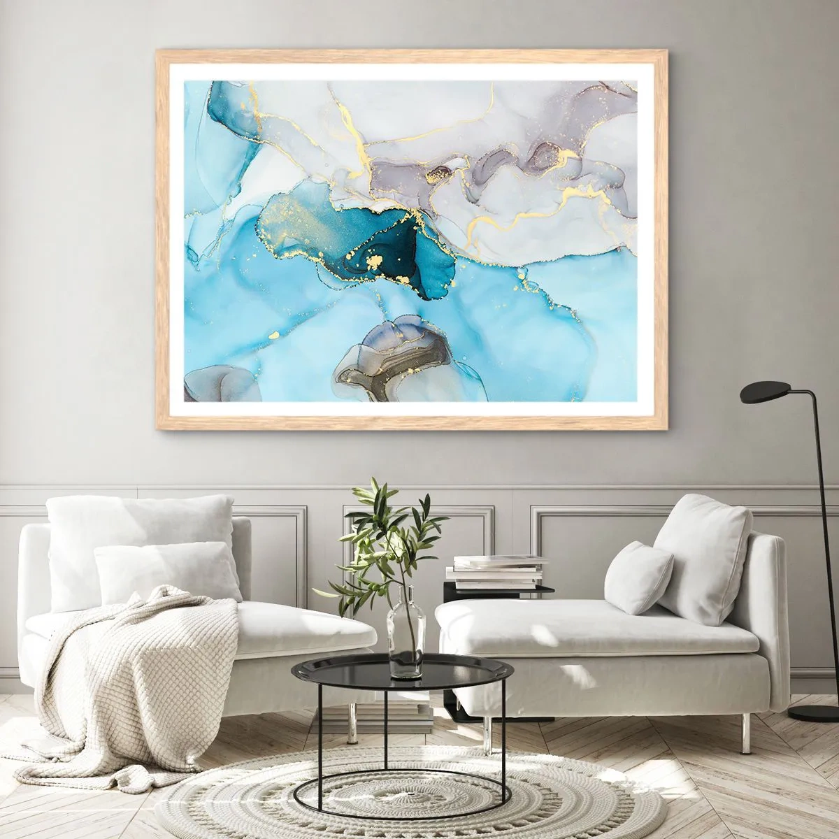 Plagát v ráme zo svetlého duba - Štúdia o stretnutí šedej a tyrkysovej - 100x70 cm