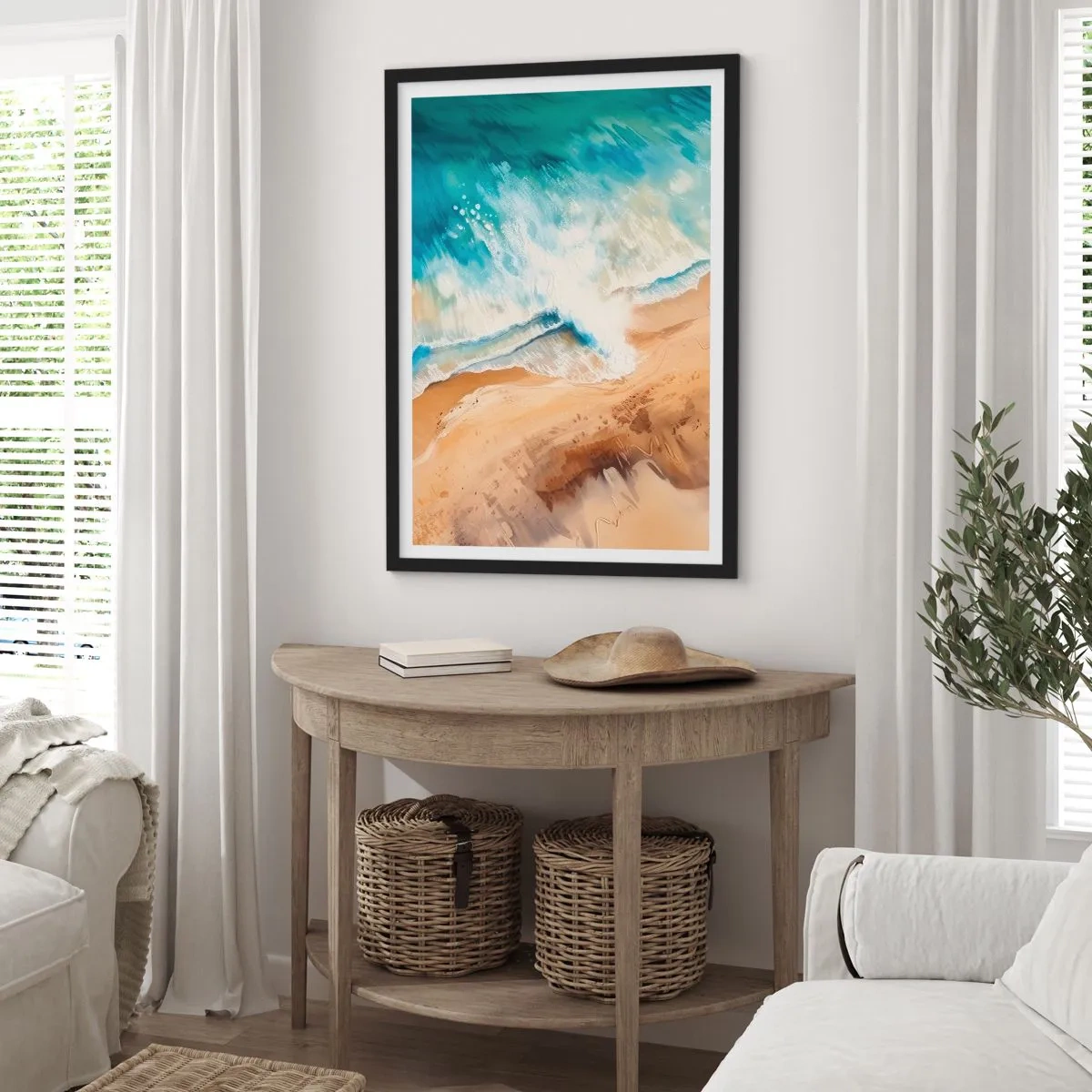 Plagát v čiernom ráme - Abstraktná scéna vlny narážajúcej na breh v odtieňoch tyrkysovej a piesku. - 50x70cm - Vlna, ktorá sa vracia - Moderná nástenná dekorácia do obývacej izby a spálne ARTTOR