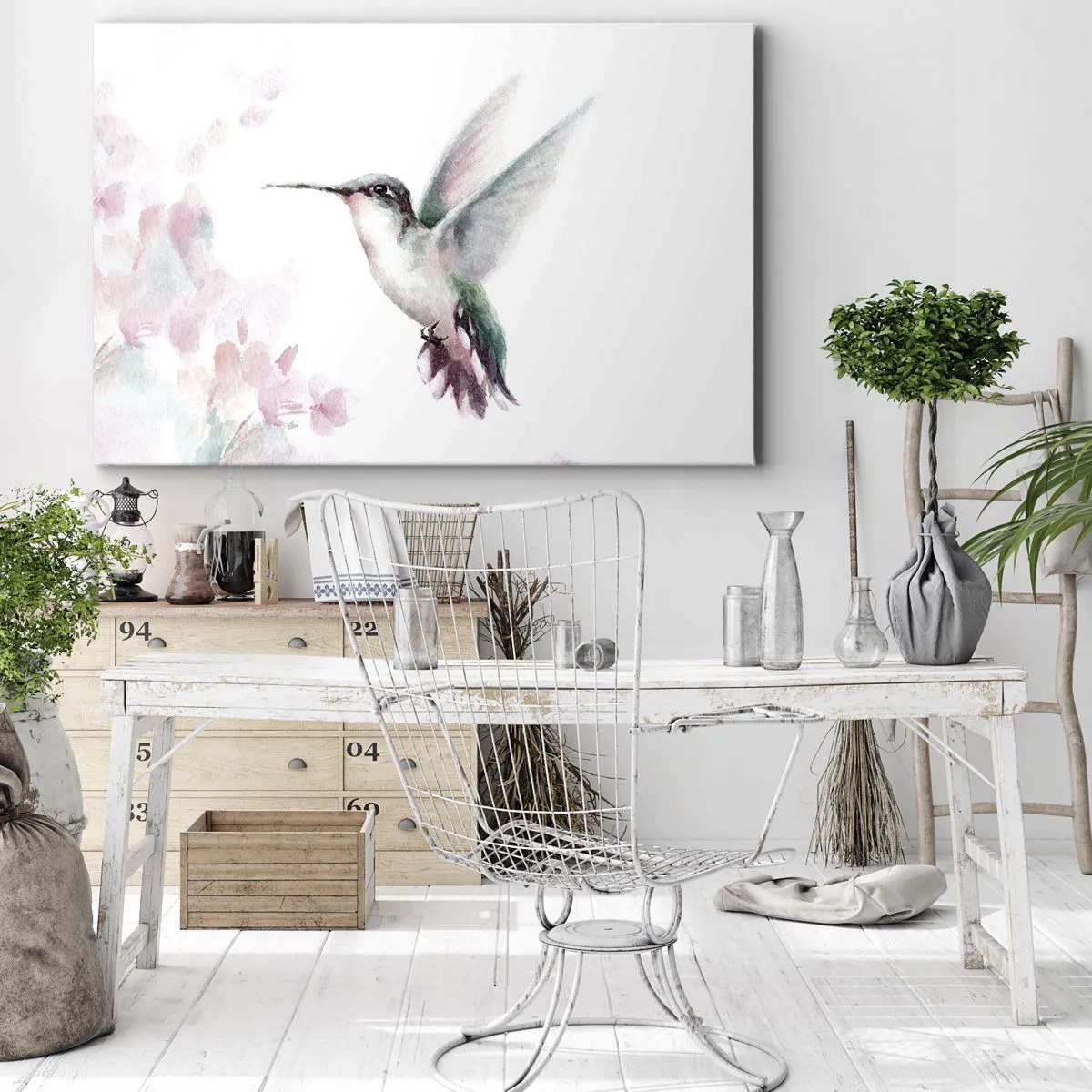 Obraz na plátne - Kolibrík v jemných pastelových farbách na pozadí kvetov - 70x50cm - Mávanie - Moderná nástenná dekorácia do obývacej izby a spálne ARTTOR
