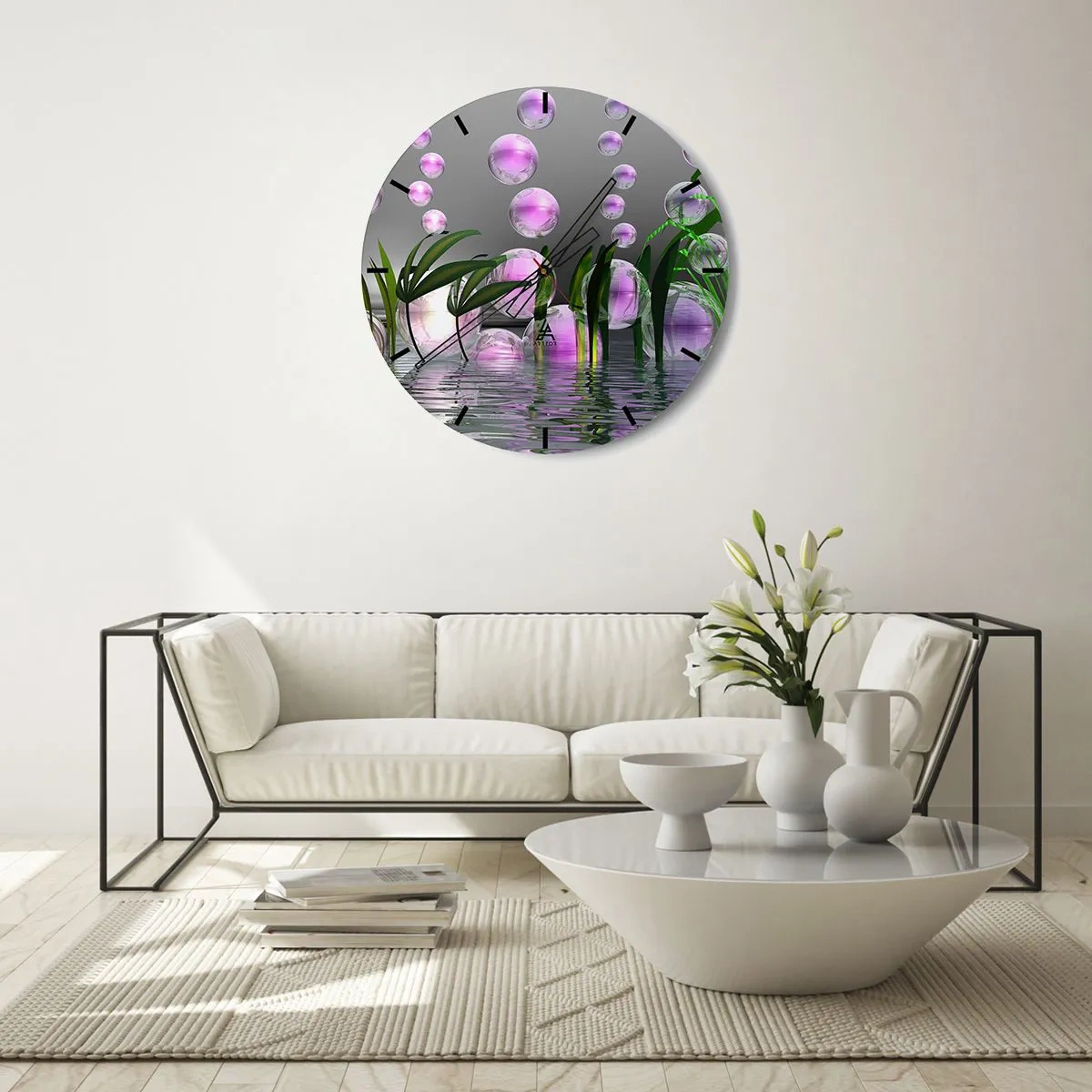 Nástenné hodiny - Abstraktné bubliny vo vode so zelenými rastlinami - 30x30cm - Reflexná kompozícia ľahkosti a života - Moderná nástenná dekorácia do obývacej izby, kuchyne a spálne ARTTOR